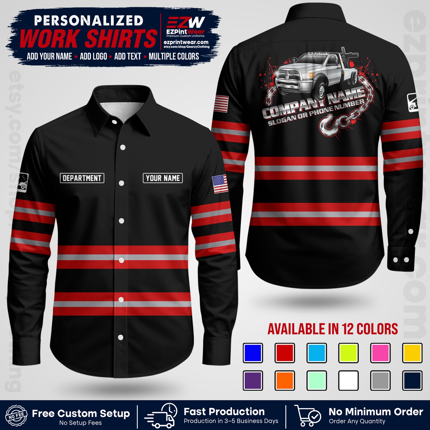 Custom Towing Workwear Uniform | Personalized Tow Truck Shirt | Non-Reflective Safety Stripe Apparel | Custom Towing Shirt | Tow Truck Apparel TW05