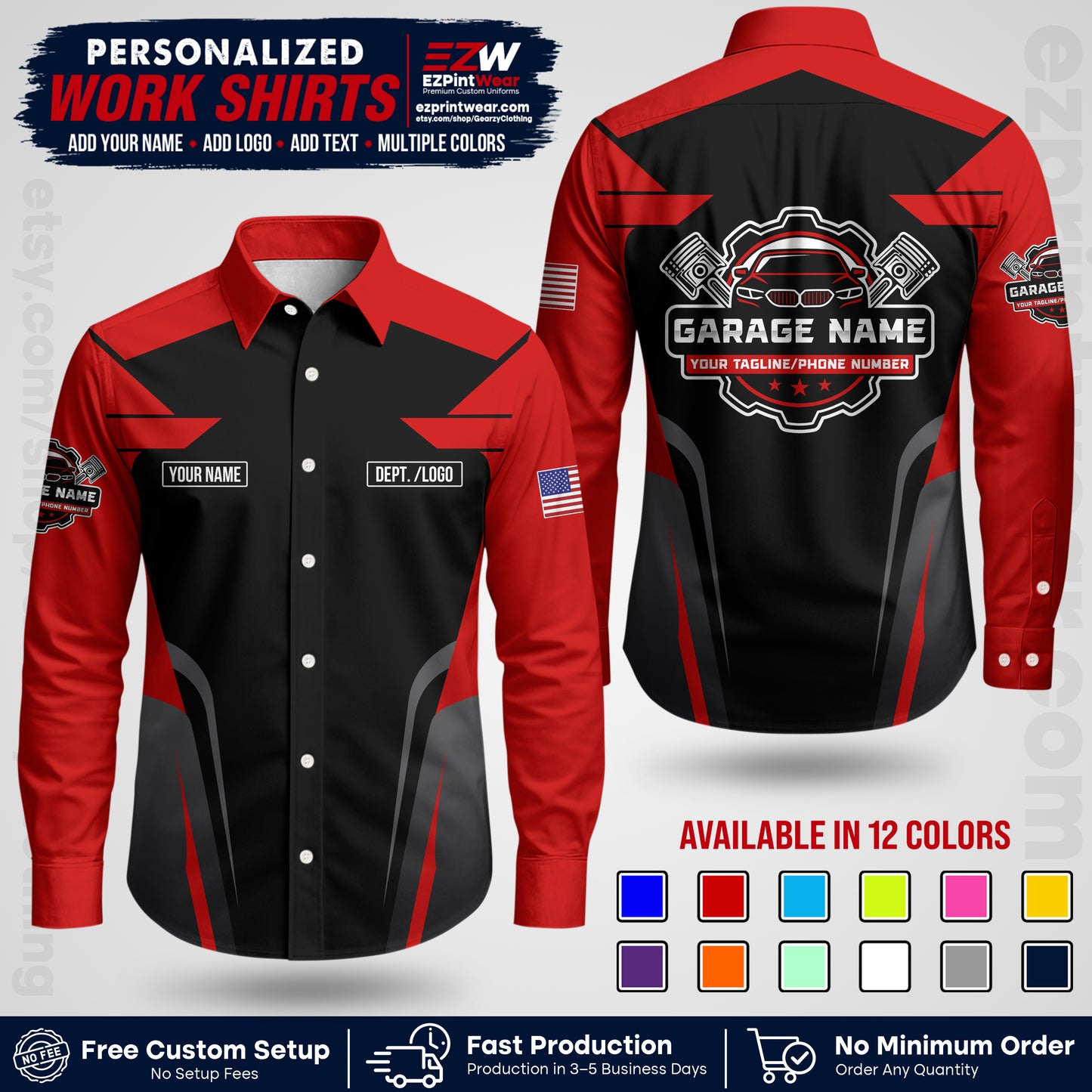 Custom Mechanic Work Shirt with Name, Logo & Text | Auto Shop Uniform | Workwear MCN 04