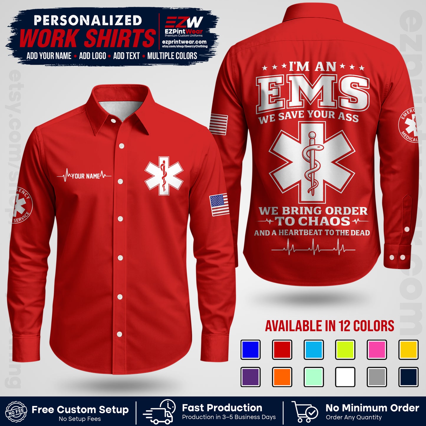 Custom EMS Shirt with Name, Logo & Text | EMS Team Uniform | First Responder Workwear EMSU05