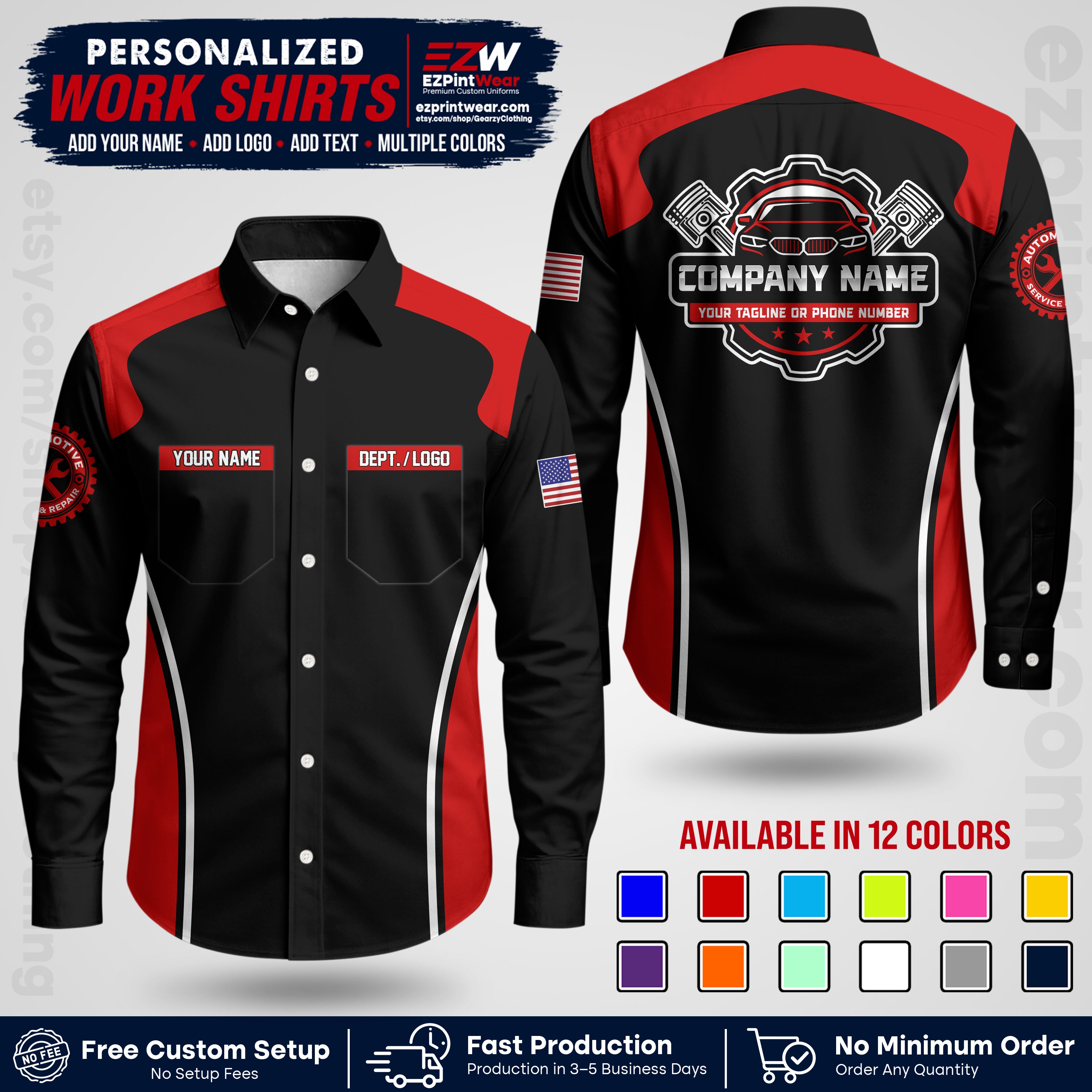 Custom Mechanic Work Shirt with Name, Logo & Text | Auto Shop Uniform | Workwear MCN 10