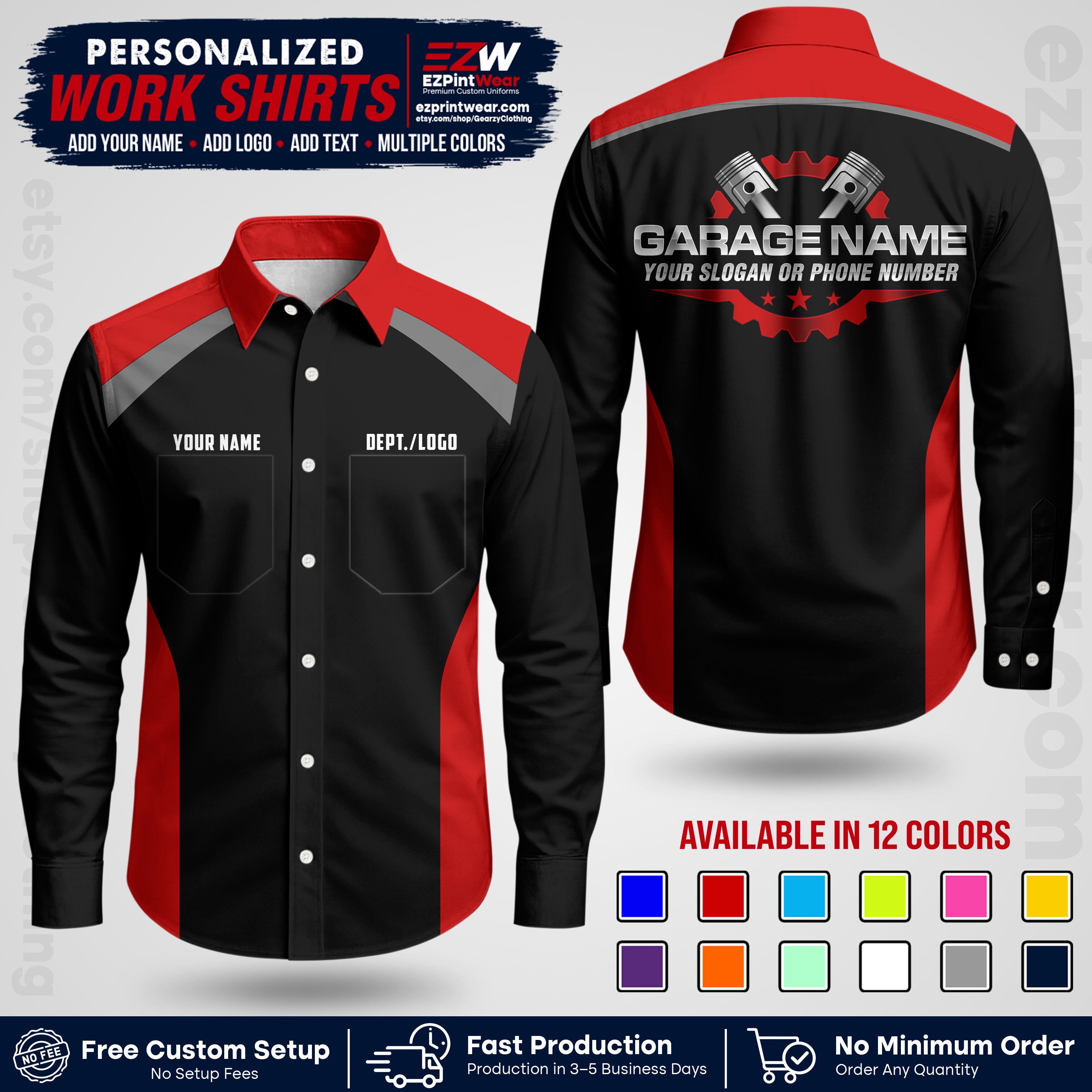 Custom Mechanic Work Shirt with Name, Logo & Text | Auto Shop Uniform | Workwear MCN 06