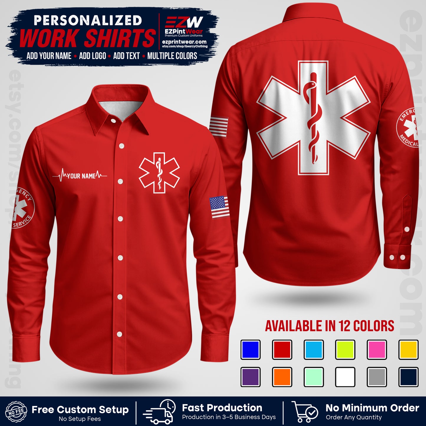 Custom EMS Shirt with Name, Logo & Text | EMS Team Uniform | First Responder Workwear EMSU04