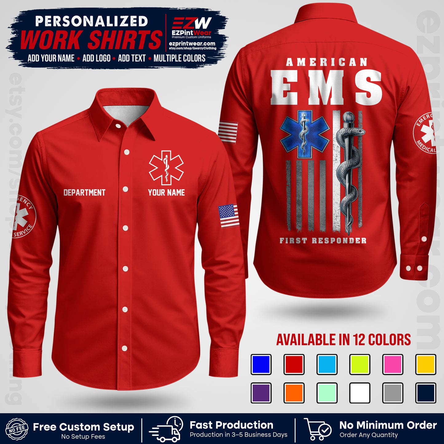 Custom EMS Shirt with Name, Logo & Text | EMS Team Uniform | First Responder Workwear EMSU03