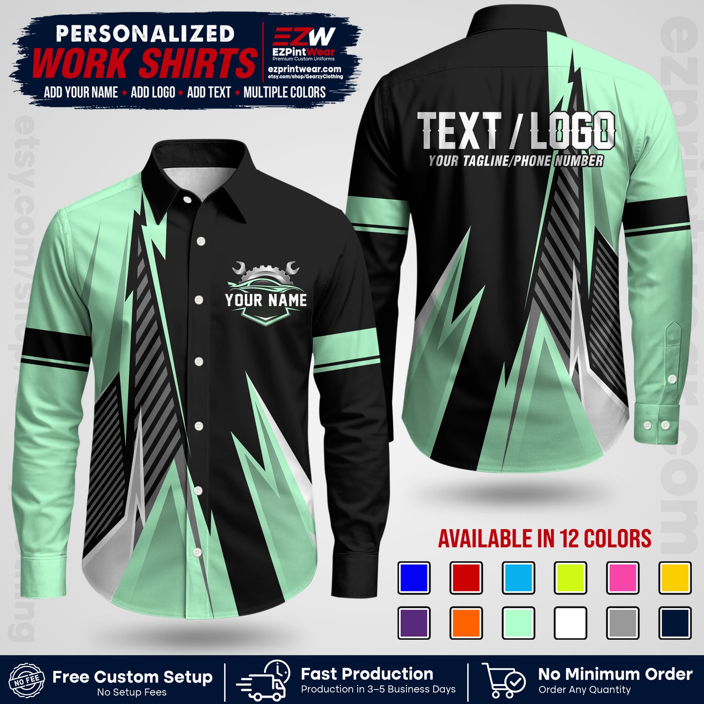 Custom Mechanic Work Shirt with Name, Logo & Text | Auto Shop Uniform | Workwear MCN 01