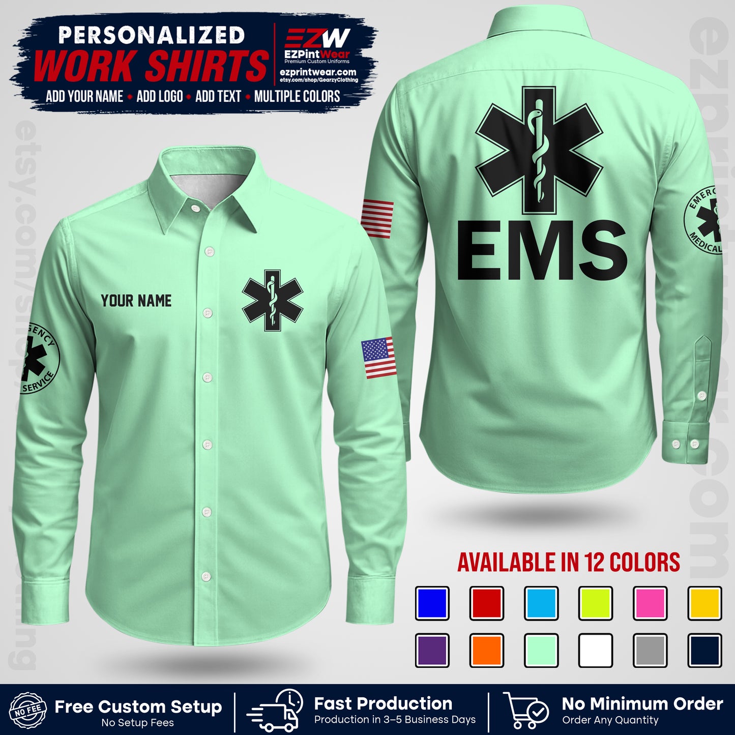 Custom EMS Shirt with Name, Logo & Text | EMS Team Uniform | First Responder Workwear EMSU02