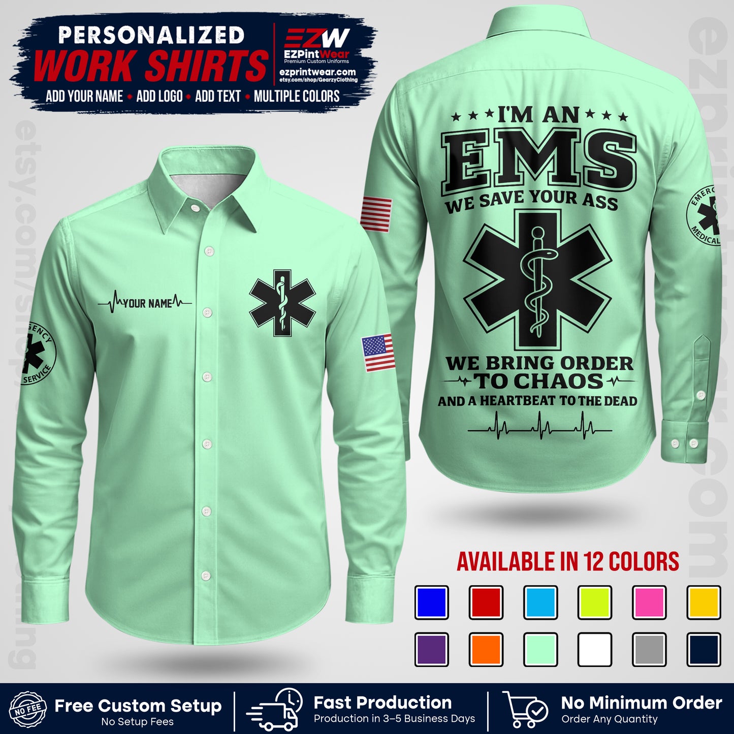 Custom EMS Shirt with Name, Logo & Text | EMS Team Uniform | First Responder Workwear EMSU05
