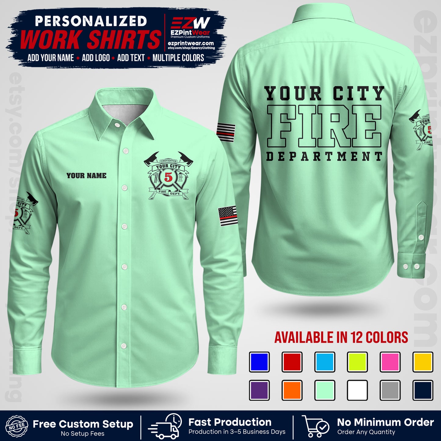 Custom Fire Department Shirt with Name, City Logo & Text | Firefighter Uniform | Button Up Work Shirt FF07