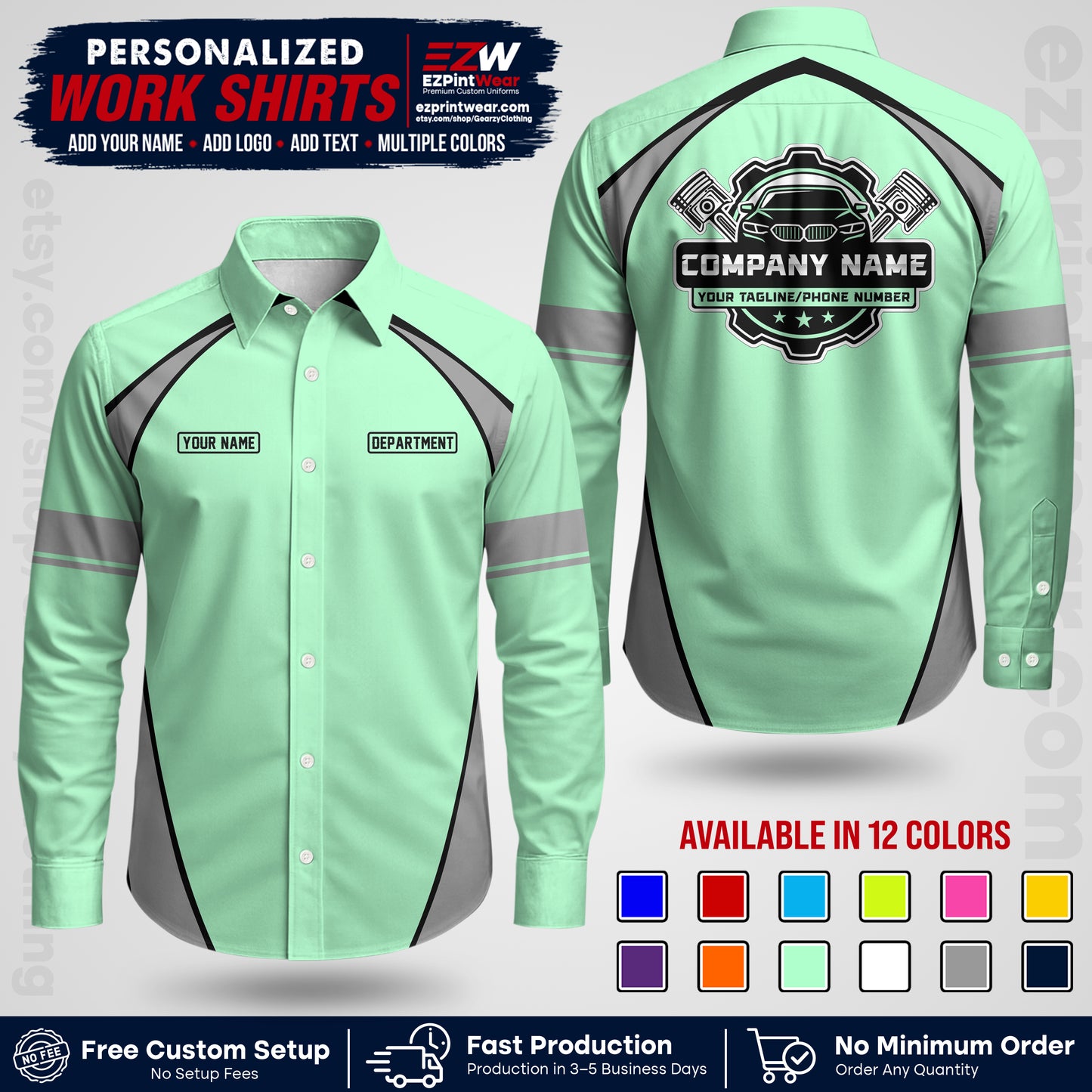 Custom Mechanic Work Shirt with Name, Logo & Text | Auto Shop Uniform | Workwear MCN 09