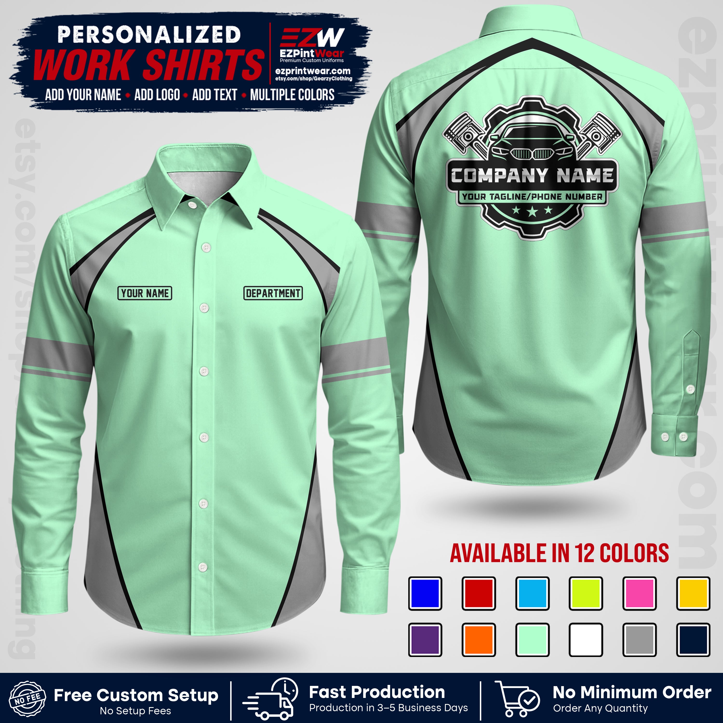Custom Mechanic Work Shirt with Name, Logo & Text | Auto Shop Uniform | Workwear MCN 09