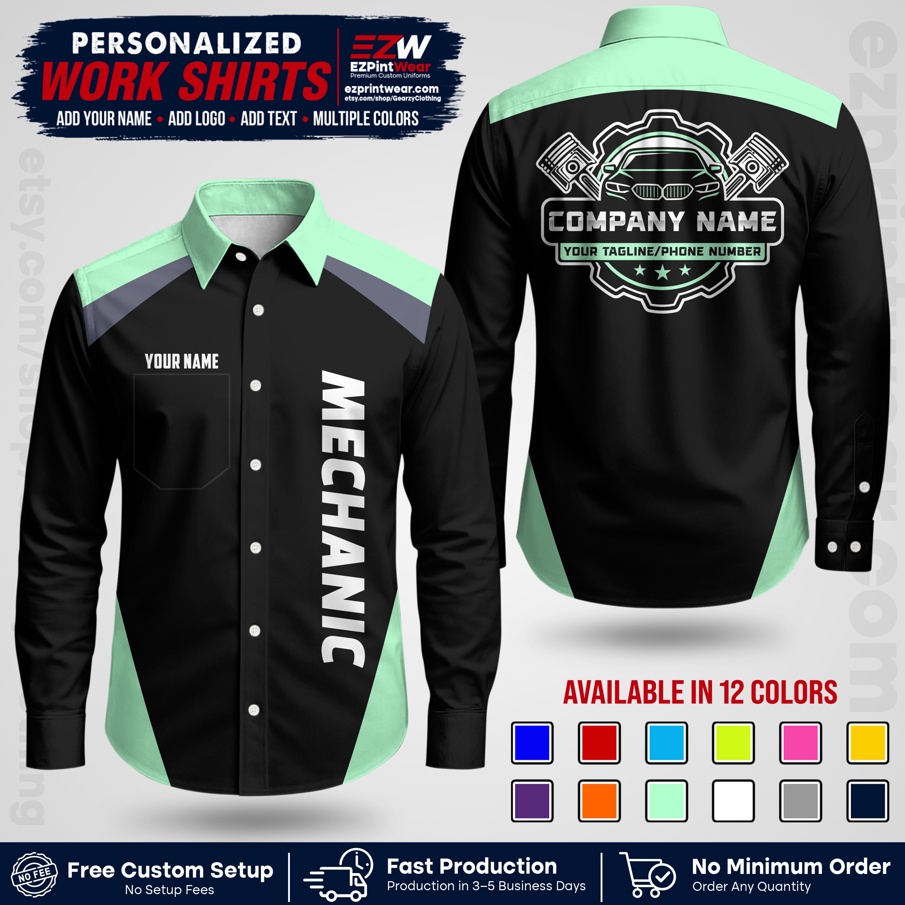Custom Mechanic Work Shirt with Name, Logo & Text | Auto Shop Uniform | Workwear MCN 02
