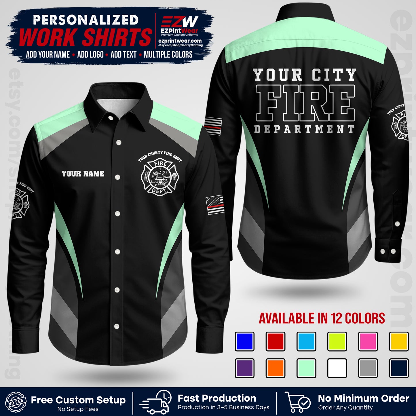 Custom Fire Department Shirt with Name, City Logo & Text | Firefighter Uniform | Button Up Work Shirt FF02