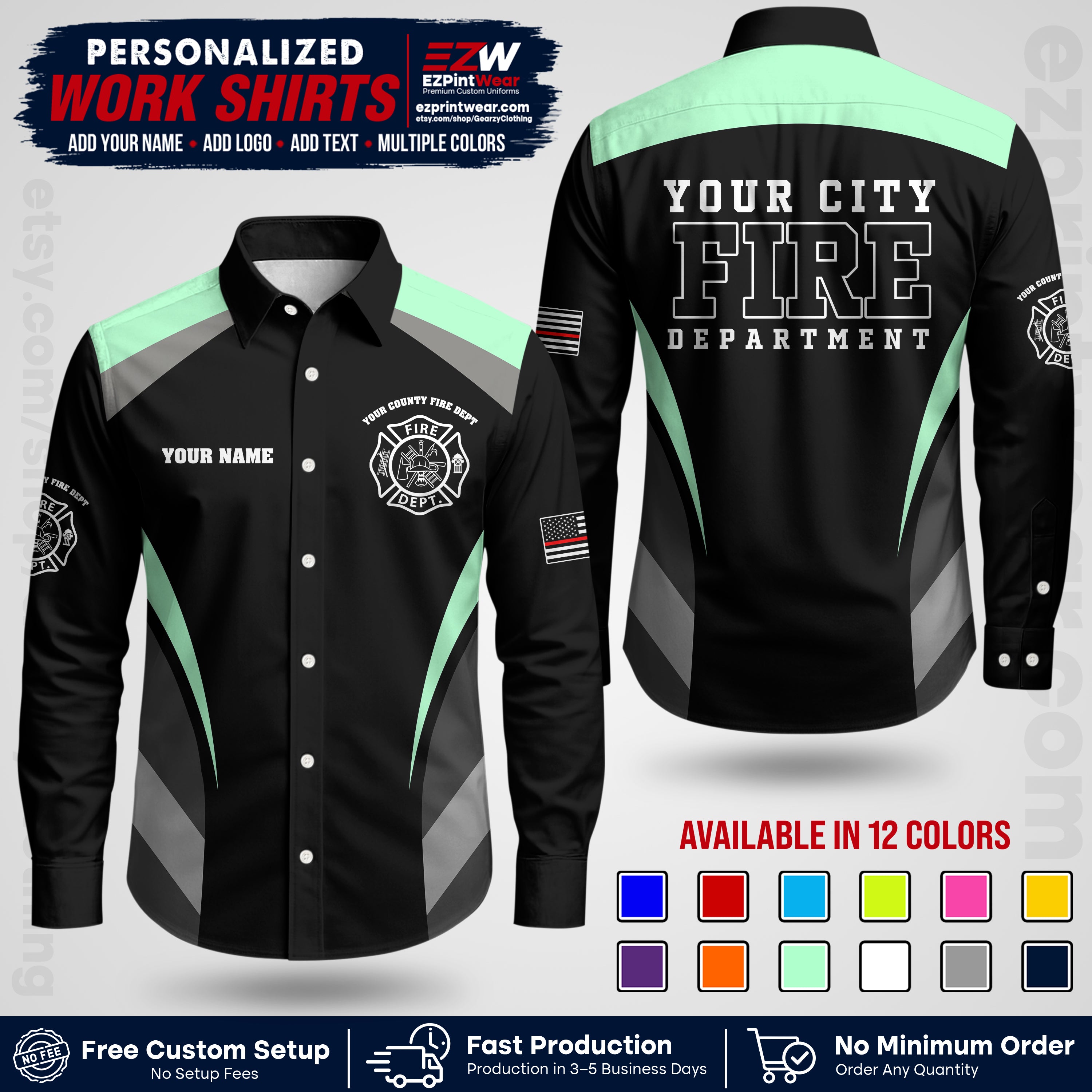 Custom Fire Department Shirt with Name, City Logo & Text | Firefighter Uniform | Button Up Work Shirt FF02