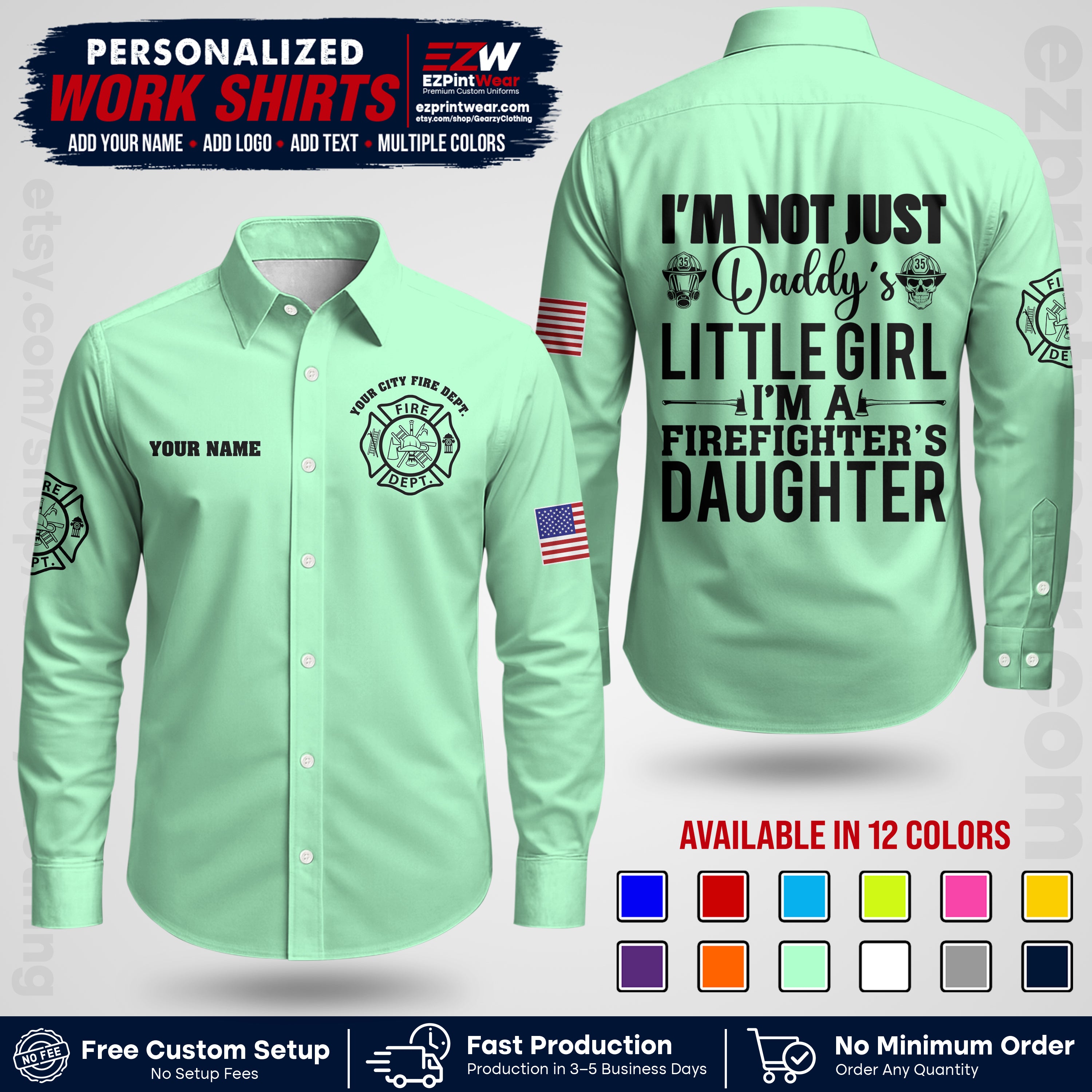 Custom Fire Department Shirt with Name, City Logo & Text | Firefighter Uniform | Button Up Work Shirt FF08