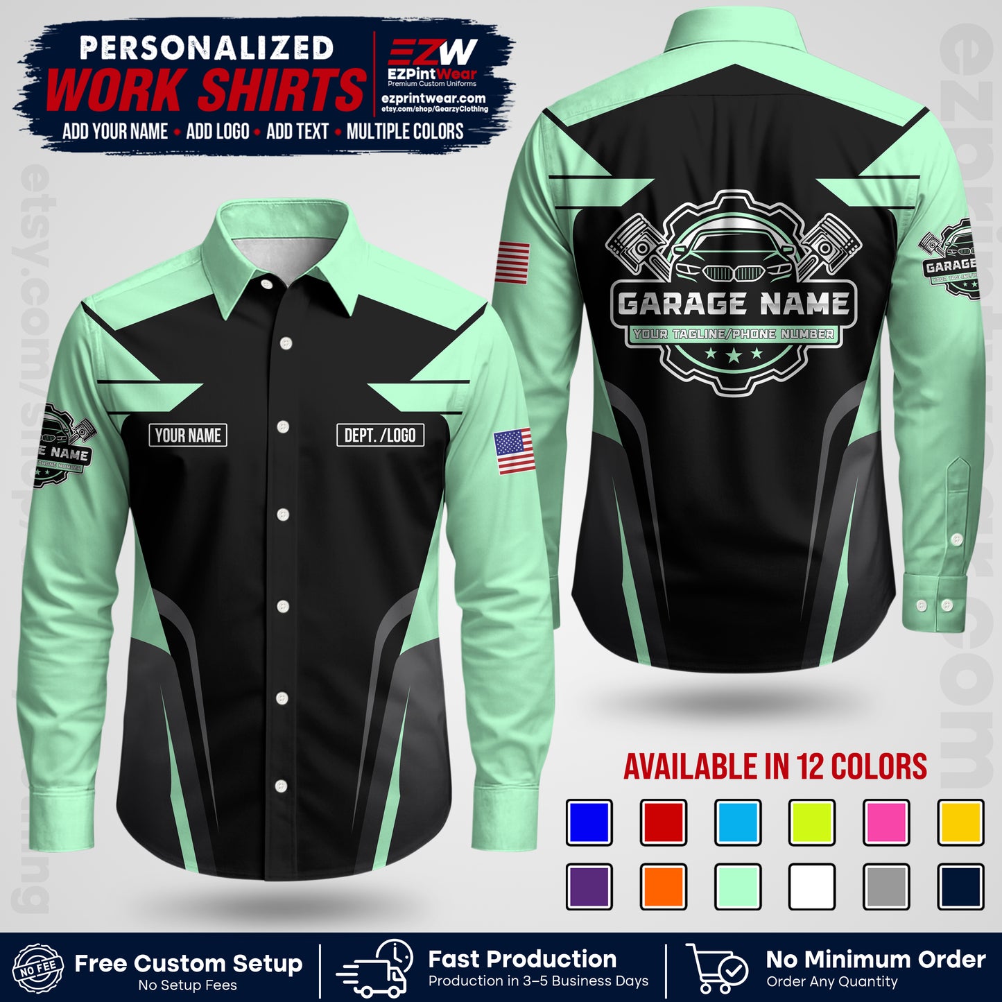 Custom Mechanic Work Shirt with Name, Logo & Text | Auto Shop Uniform | Workwear MCN 04