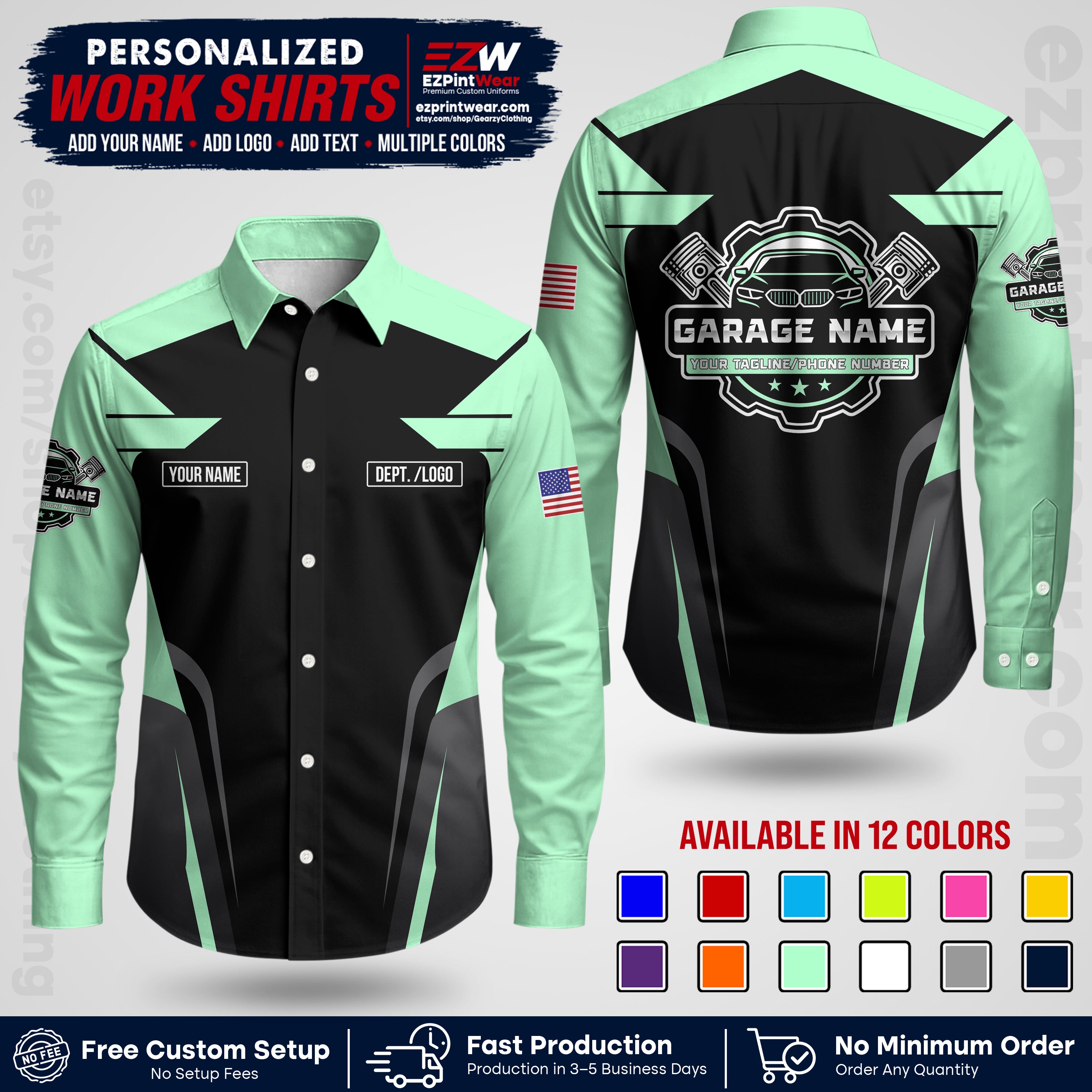Custom Mechanic Work Shirt with Name, Logo & Text | Auto Shop Uniform | Workwear MCN 04