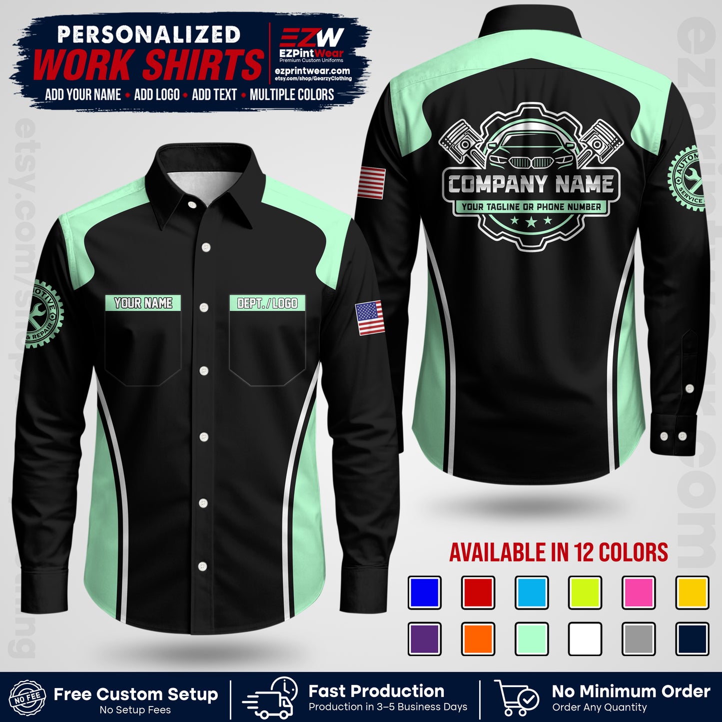 Custom Mechanic Work Shirt with Name, Logo & Text | Auto Shop Uniform | Workwear MCN 10