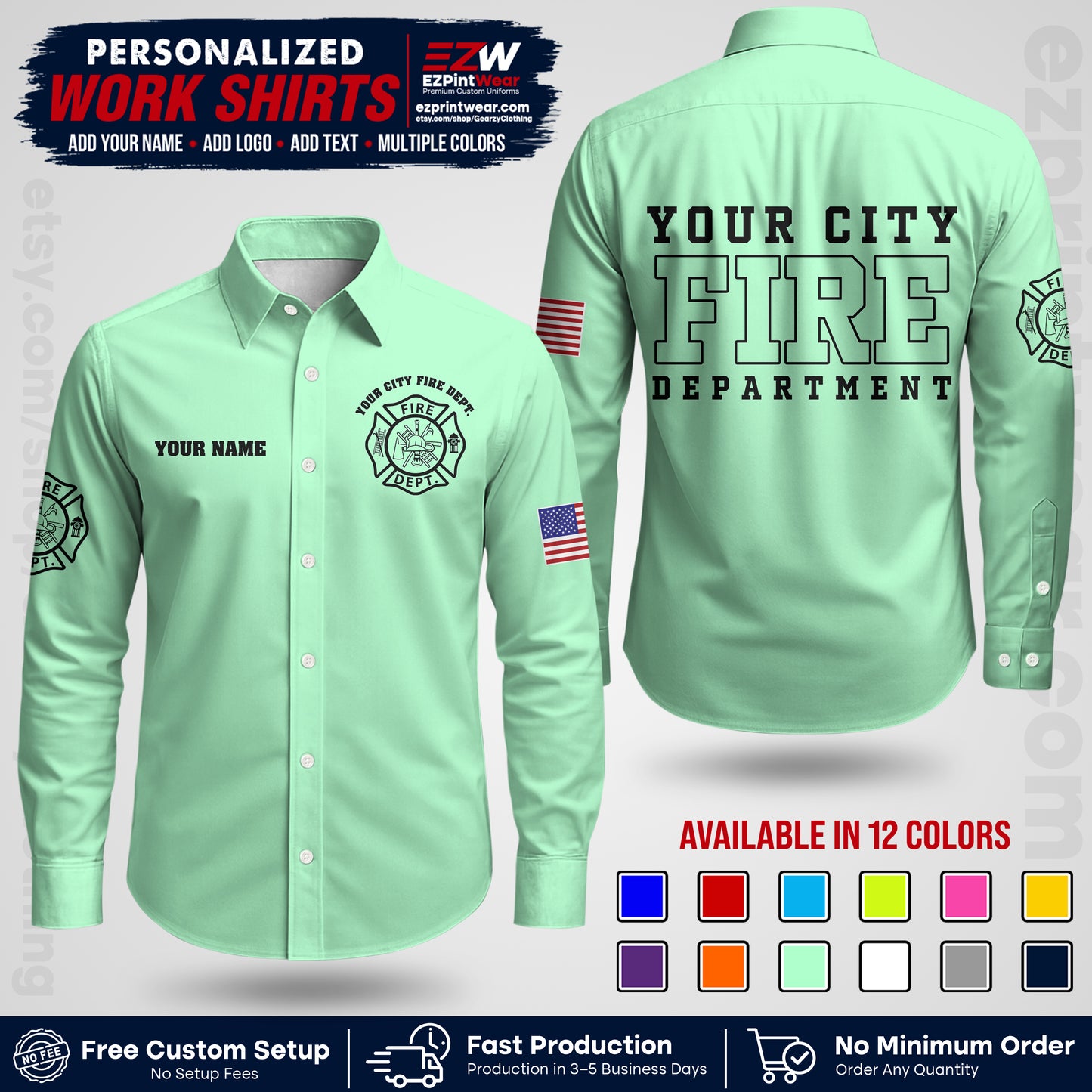 Custom Fire Department Shirt with Name, City Logo & Text | Firefighter Uniform | Button Up Work Shirt FF01