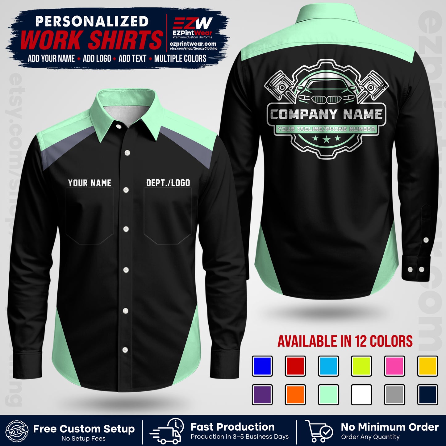 Custom Mechanic Work Shirt with Name, Logo & Text | Auto Shop Uniform | Workwear MCN 03