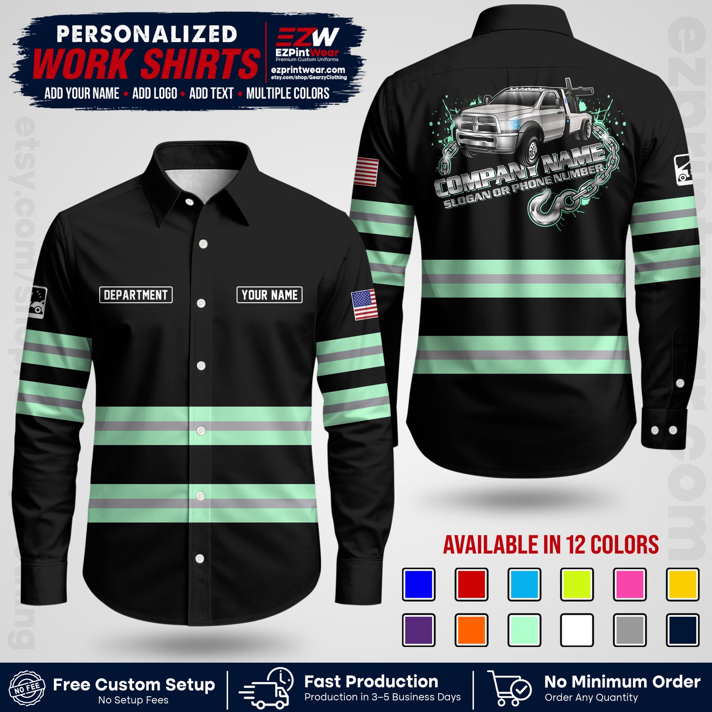 Custom Towing Workwear Uniform | Personalized Tow Truck Shirt | Non-Reflective Safety Stripe Apparel | Custom Towing Shirt | Tow Truck Apparel TW05
