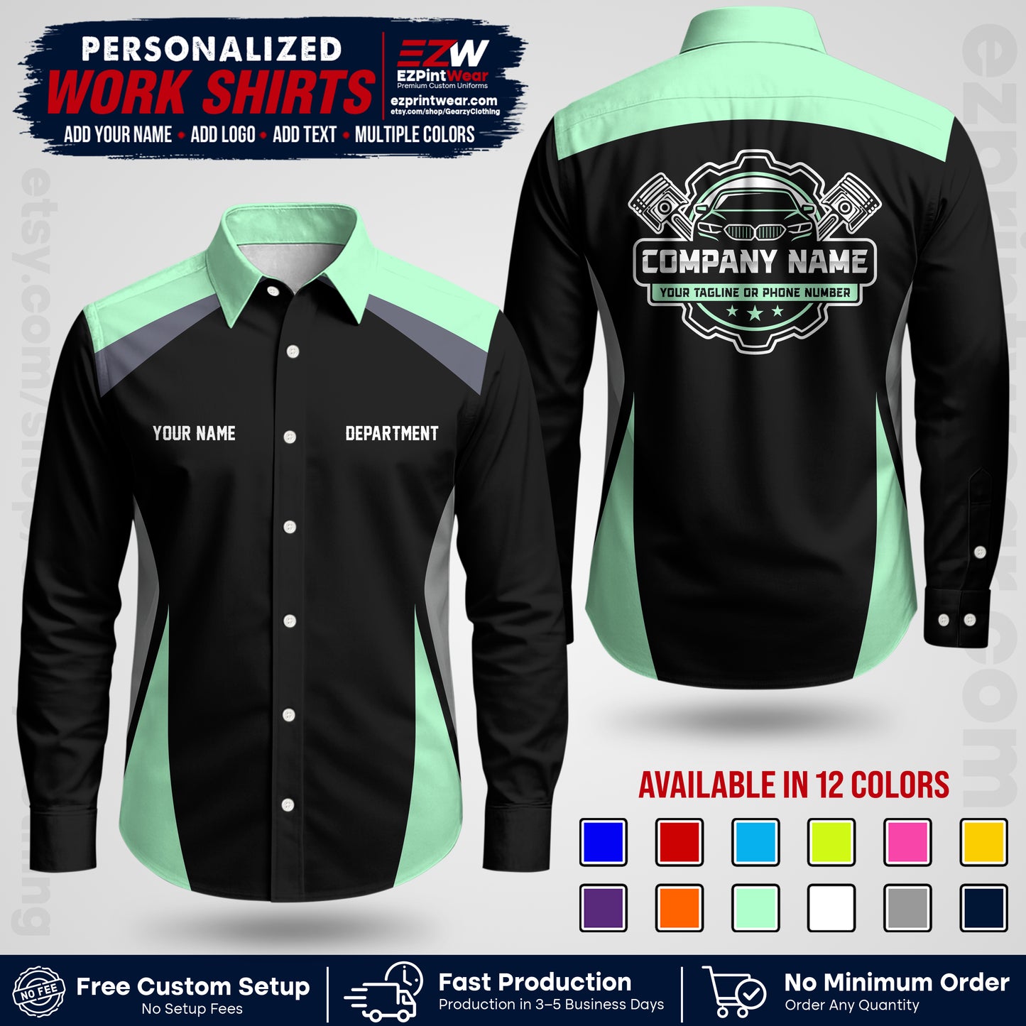 Custom Mechanic Work Shirt with Name, Logo & Text | Auto Shop Uniform | Workwear MCN 08
