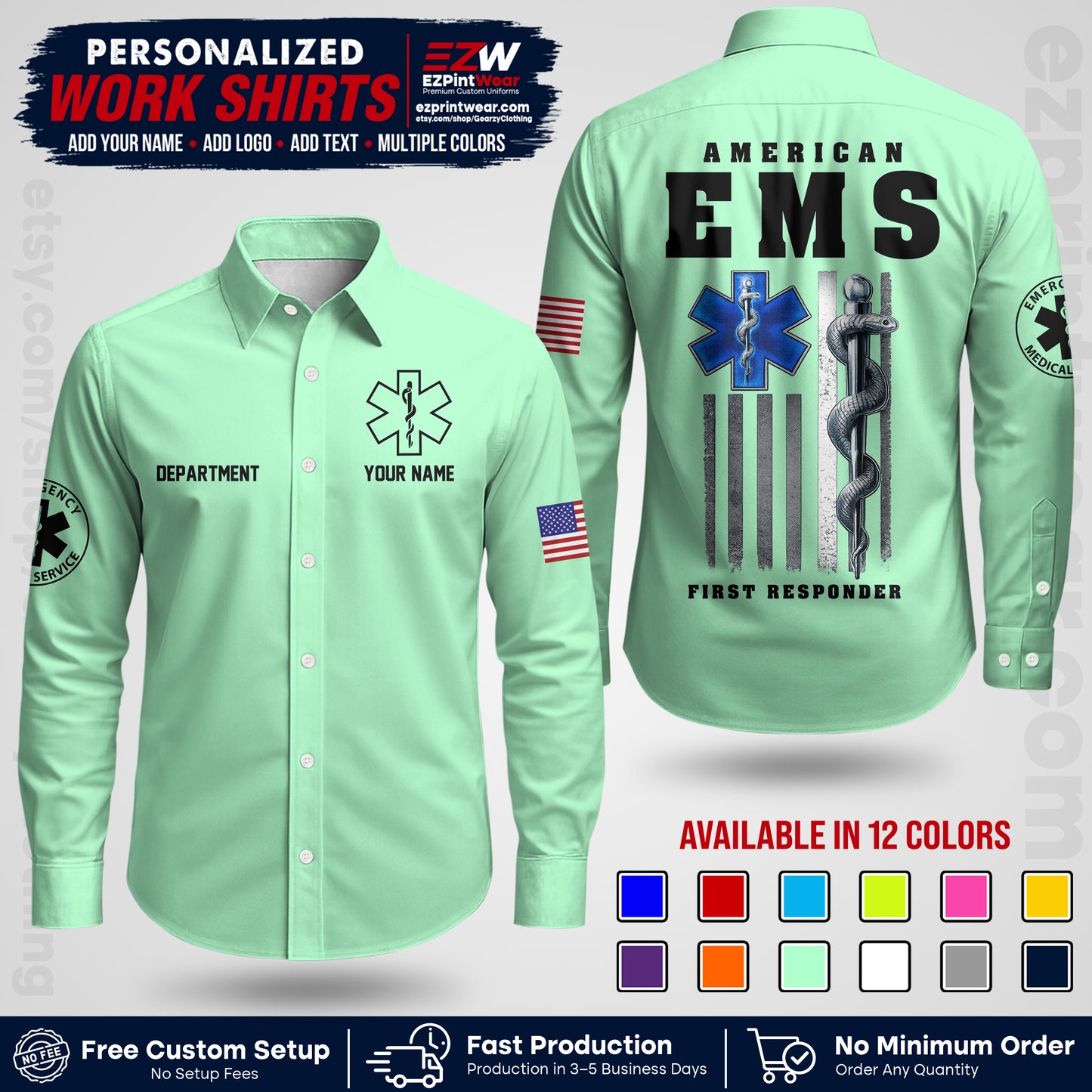Custom EMS Shirt with Name, Logo & Text | EMS Team Uniform | First Responder Workwear EMSU03