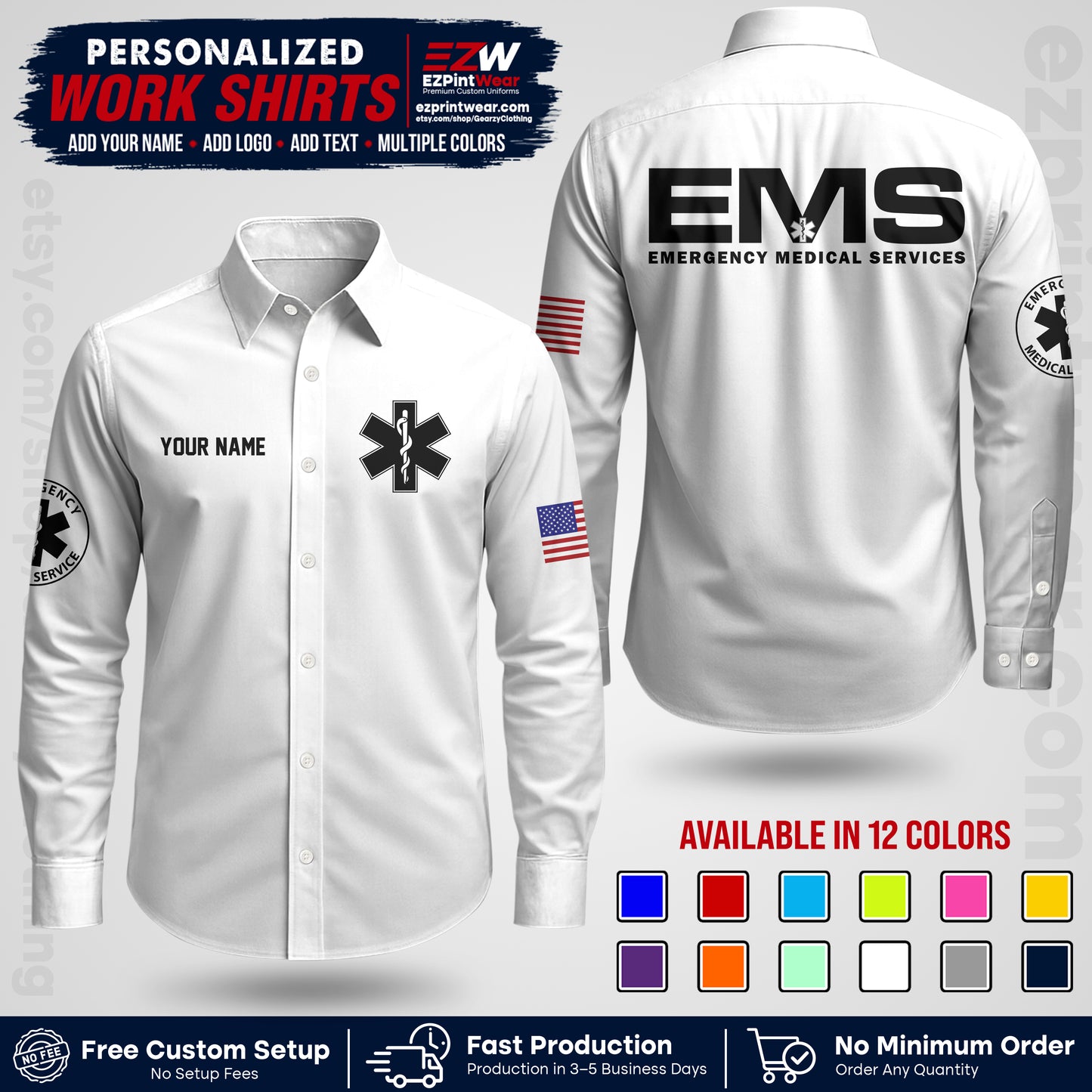 Custom EMS Shirt with Name, Logo & Text | EMS Team Uniform | First Responder Workwear EMSU01