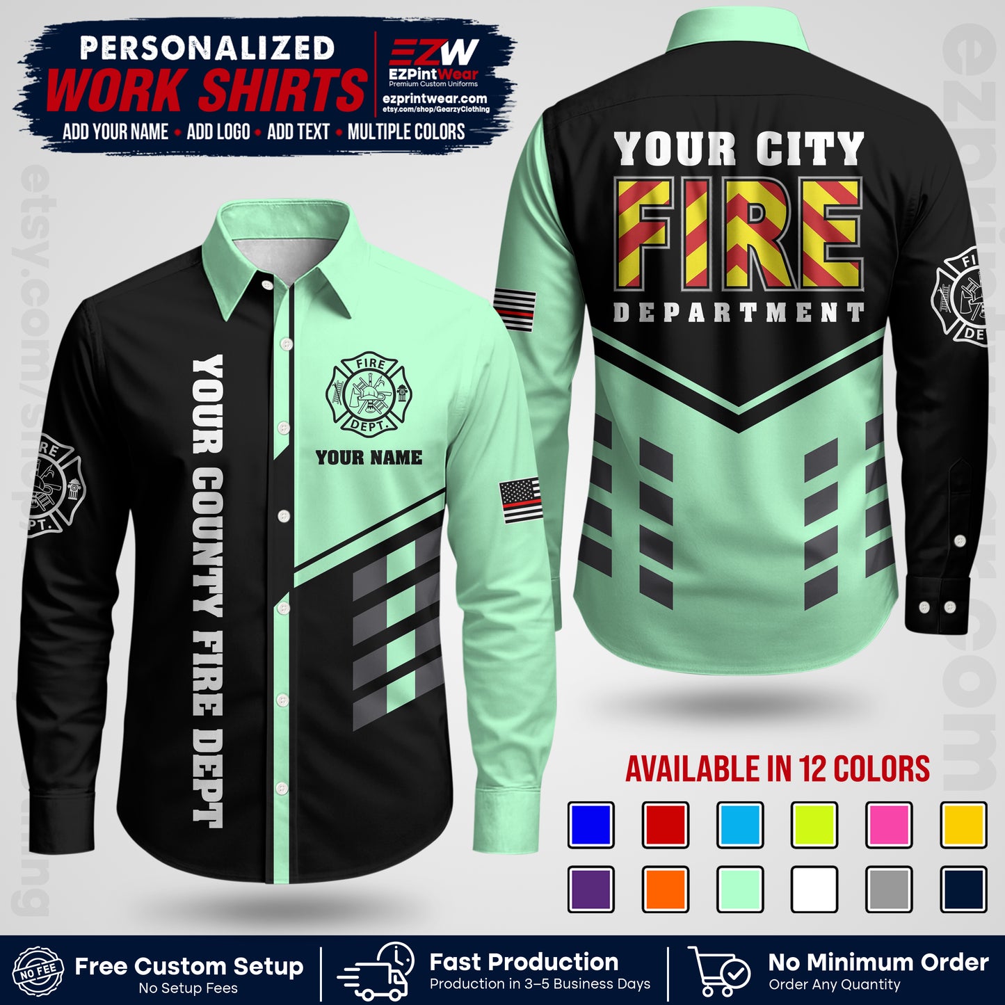 Custom Fire Department Shirt with Name, City Logo & Text | Firefighter Uniform | Button Up Work Shirt FF06