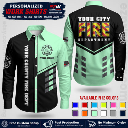 Custom Fire Department Shirt with Name, City Logo & Text | Firefighter Uniform | Button Up Work Shirt FF06