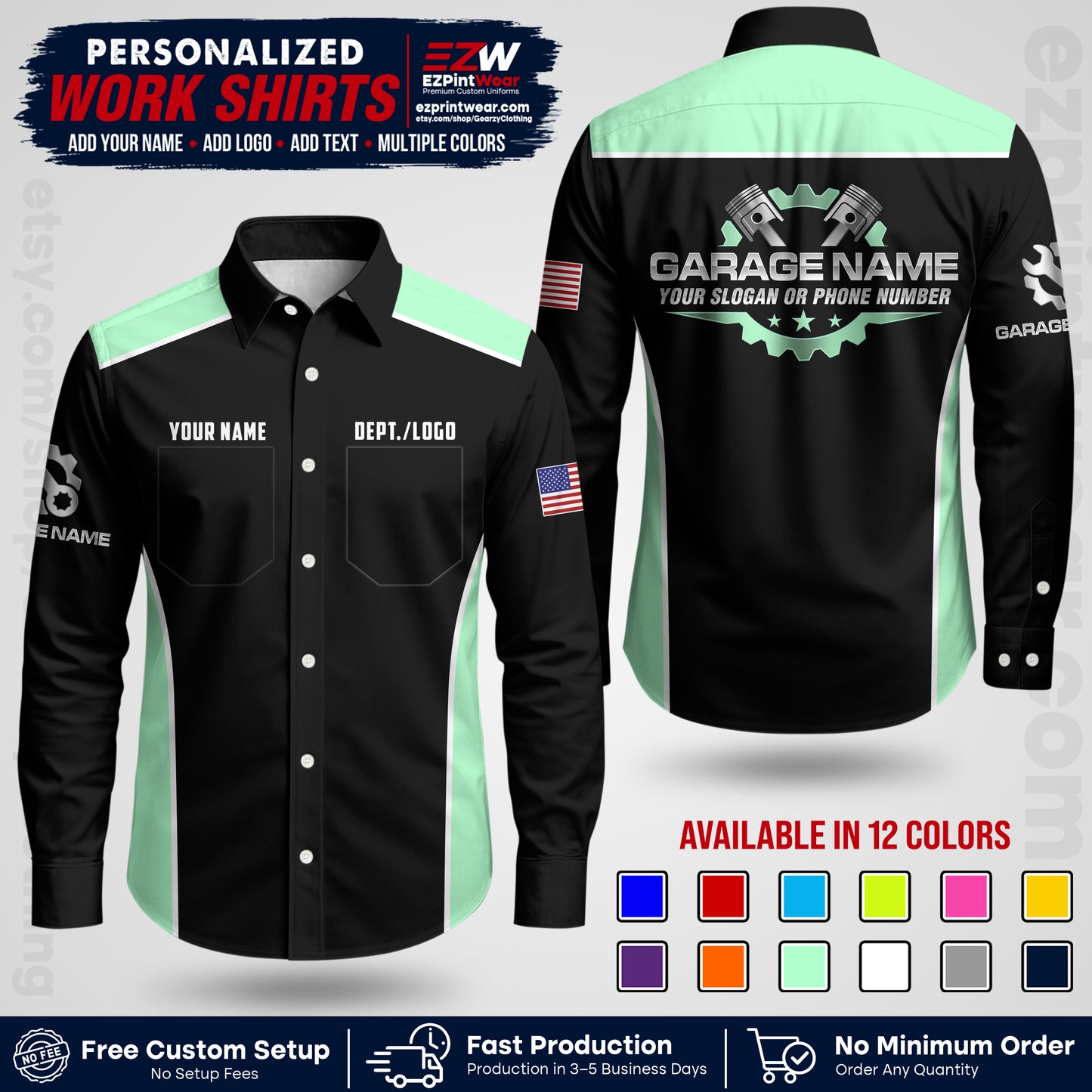 Custom Mechanic Work Shirt with Name, Logo & Text | Auto Shop Uniform | Workwear MCN 07