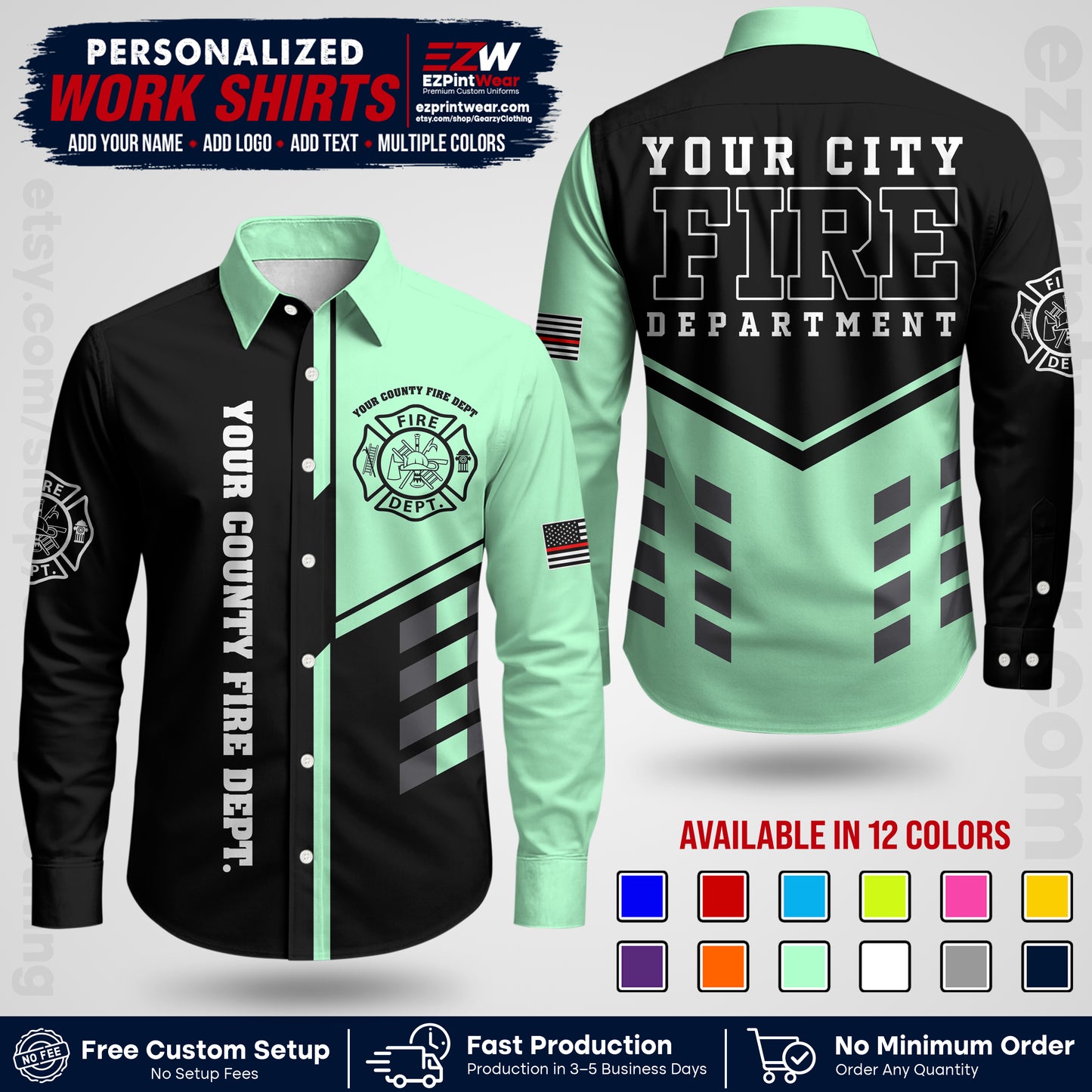 Custom Fire Department Shirt with Name, City Logo & Text | Firefighter Uniform | Button Up Work Shirt FF03