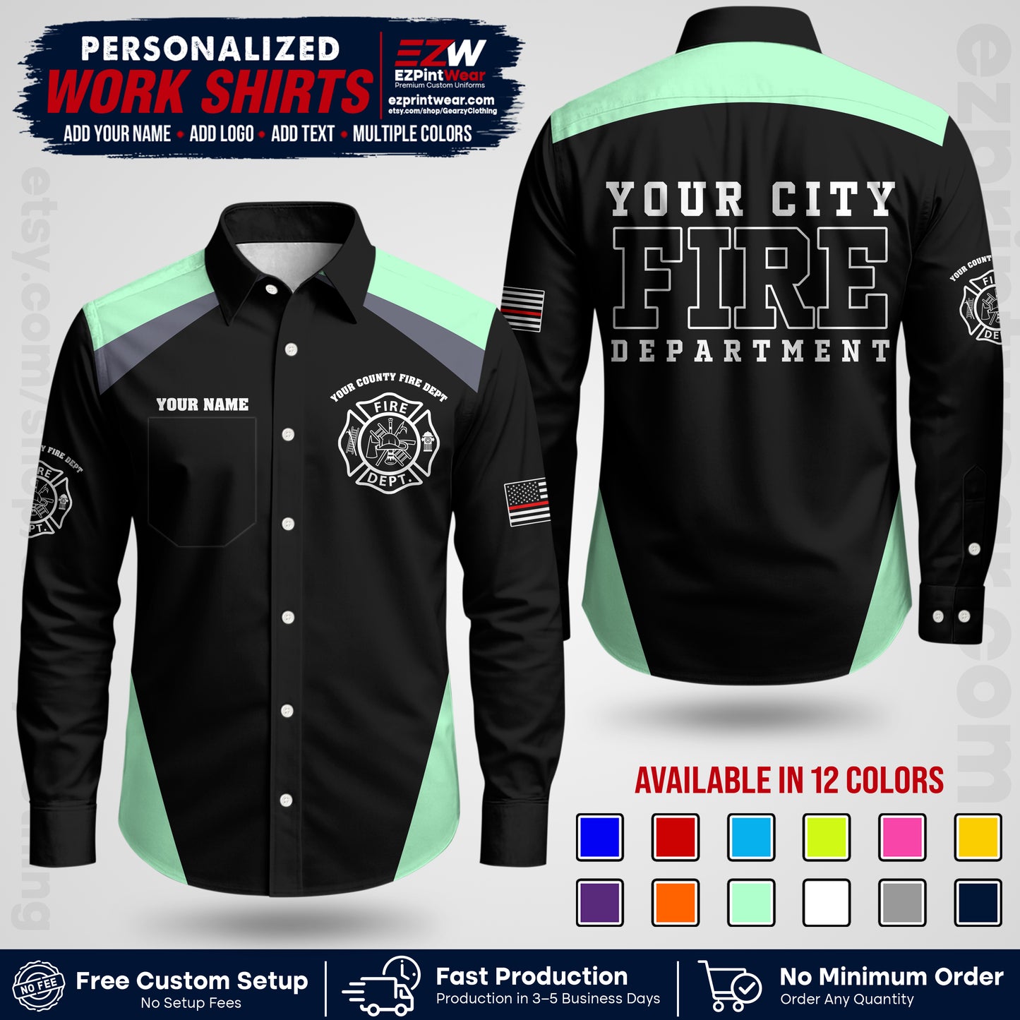 Custom Fire Department Shirt with Name, City Logo & Text | Firefighter Uniform | Button Up Work Shirt FF04