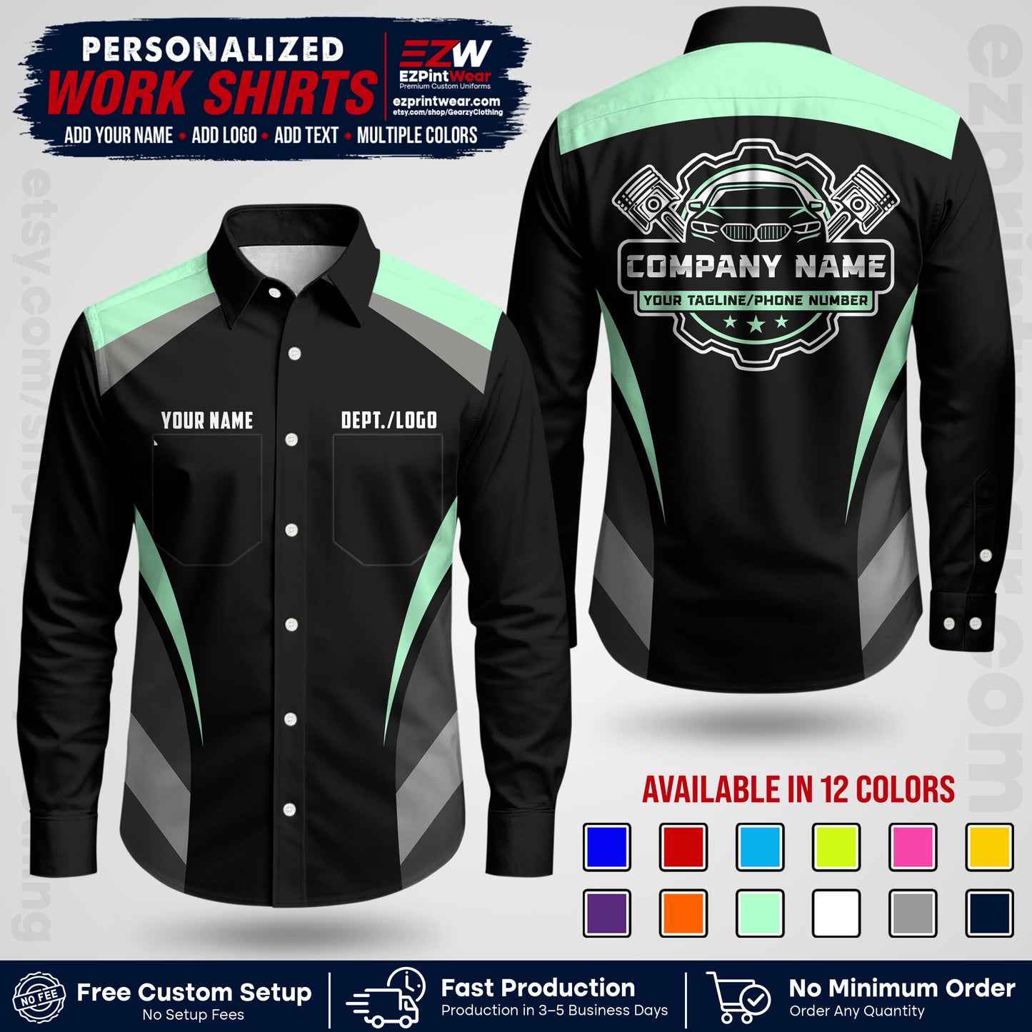 Custom Mechanic Work Shirt with Name, Logo & Text | Auto Shop Uniform | Workwear MCN 05