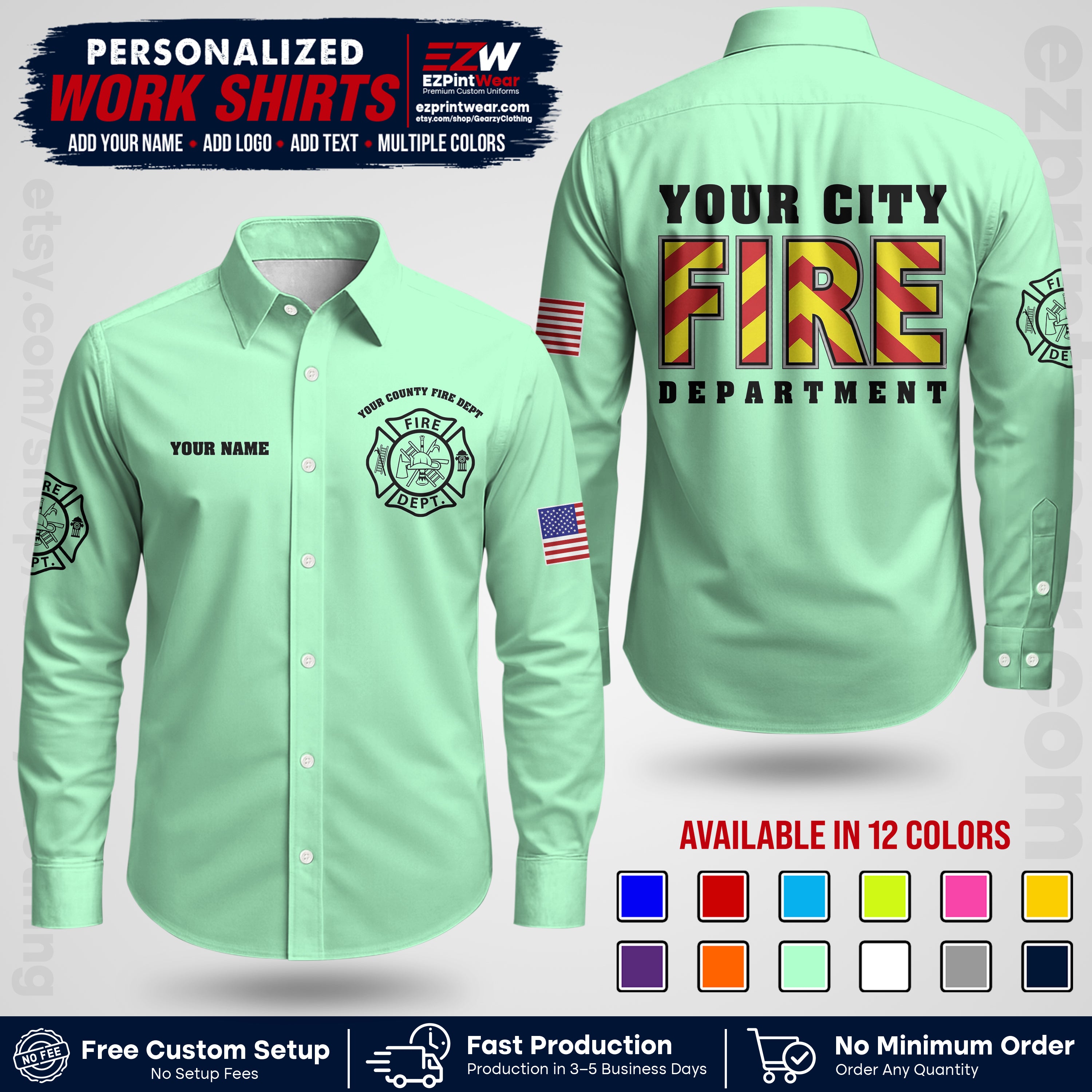 Custom Fire Department Shirt with Name, City Logo & Text | Firefighter Uniform | Button Up Work Shirt FF05
