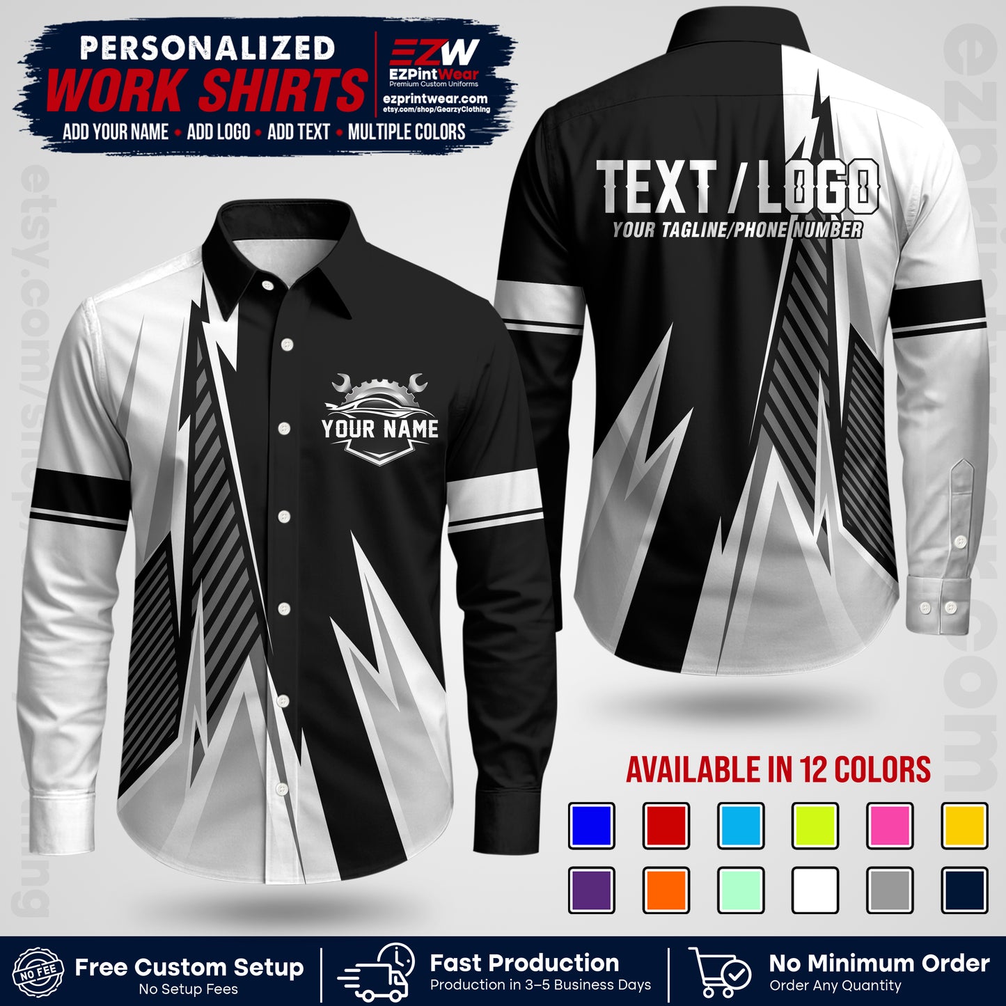 Custom Mechanic Work Shirt with Name, Logo & Text | Auto Shop Uniform | Workwear MCN 01
