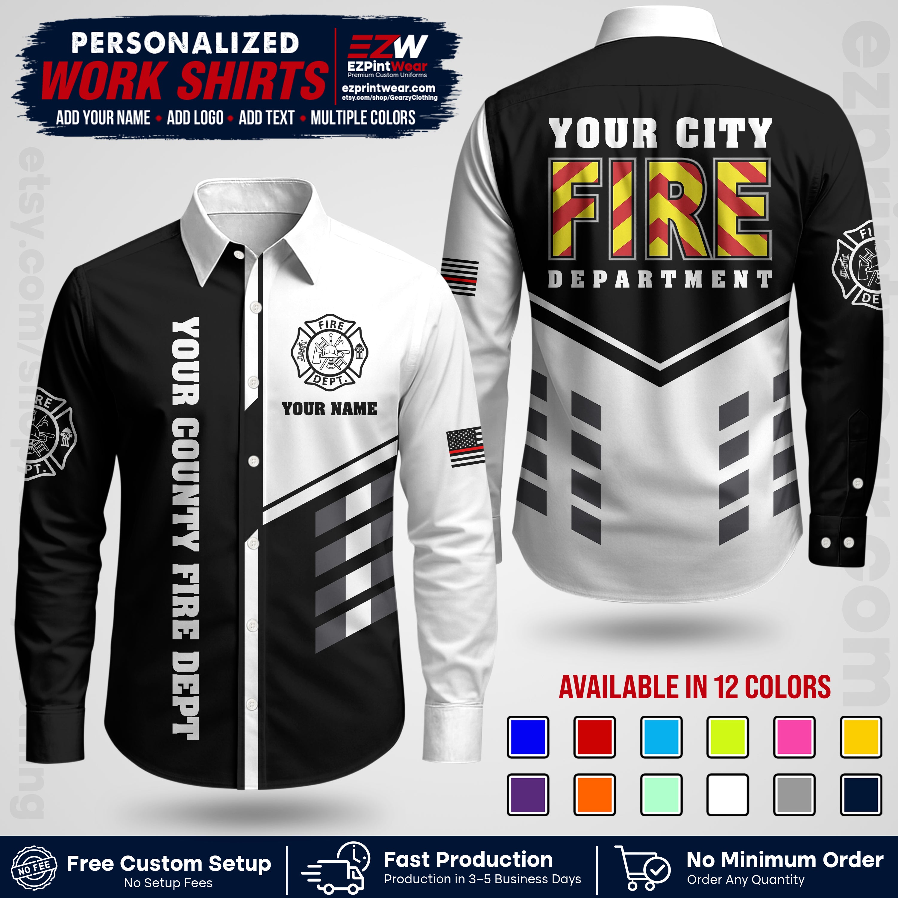 Custom Fire Department Shirt with Name, City Logo & Text | Firefighter Uniform | Button Up Work Shirt FF06
