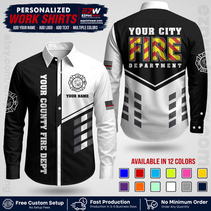 Custom Fire Department Shirt with Name, City Logo & Text | Firefighter Uniform | Button Up Work Shirt FF06