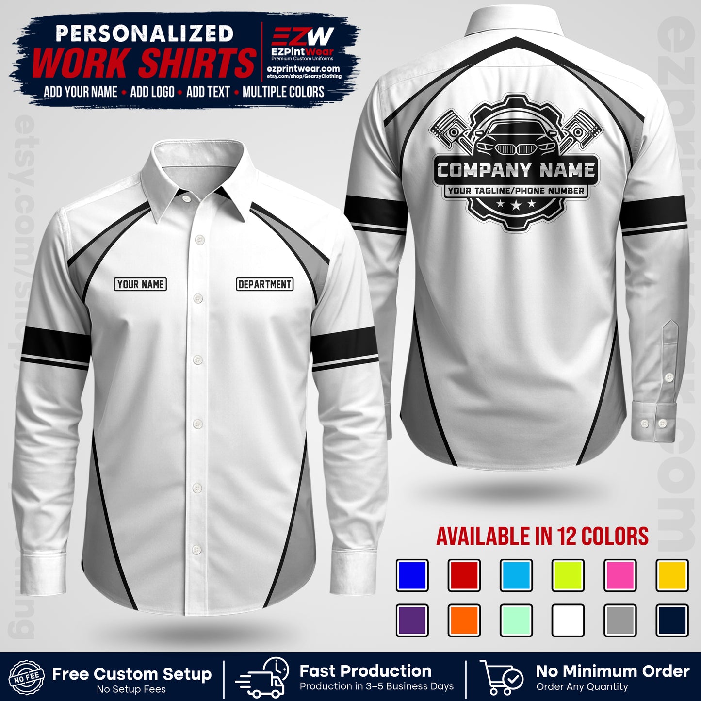 Custom Mechanic Work Shirt with Name, Logo & Text | Auto Shop Uniform | Workwear MCN 09