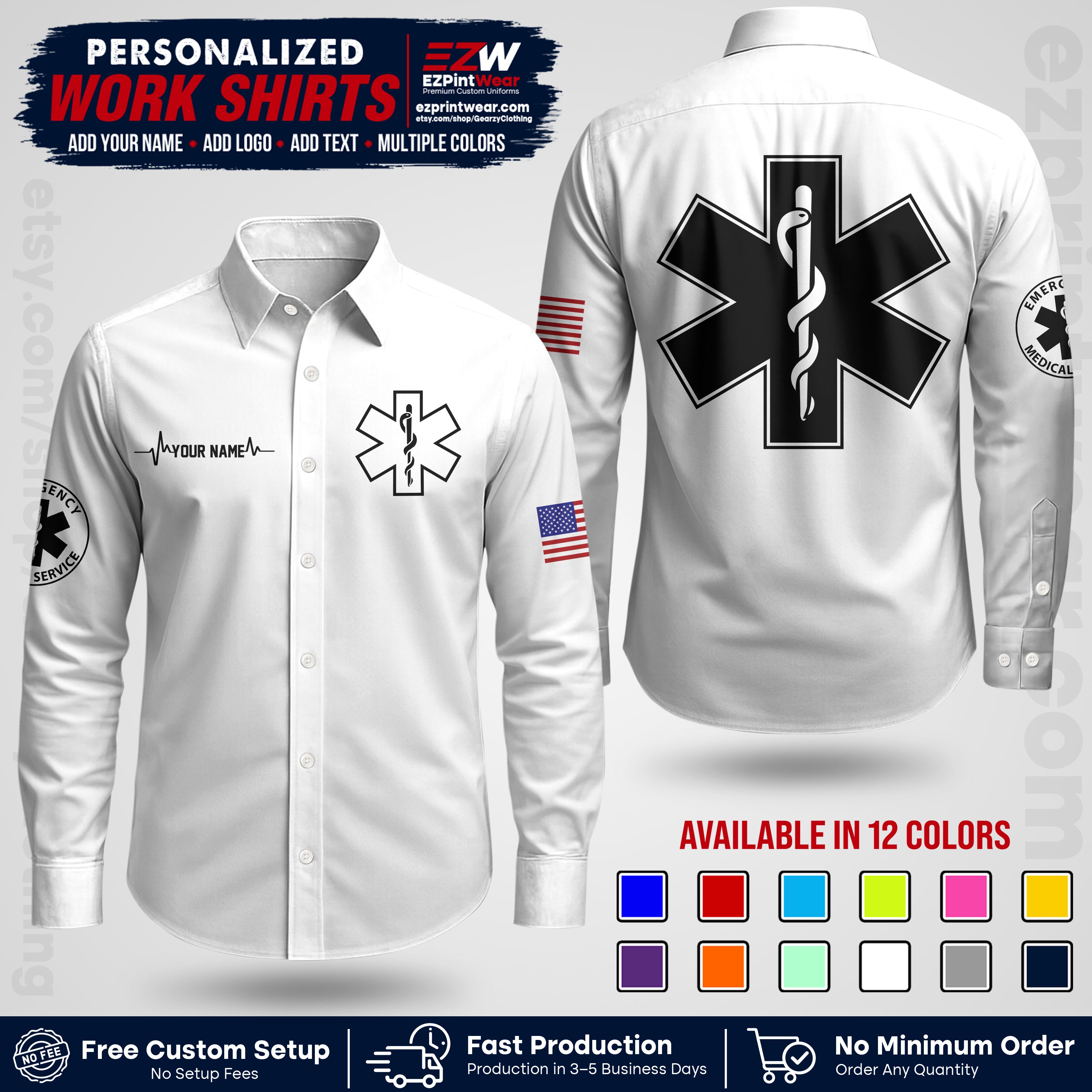 Custom EMS Shirt with Name, Logo & Text | EMS Team Uniform | First Responder Workwear EMSU04