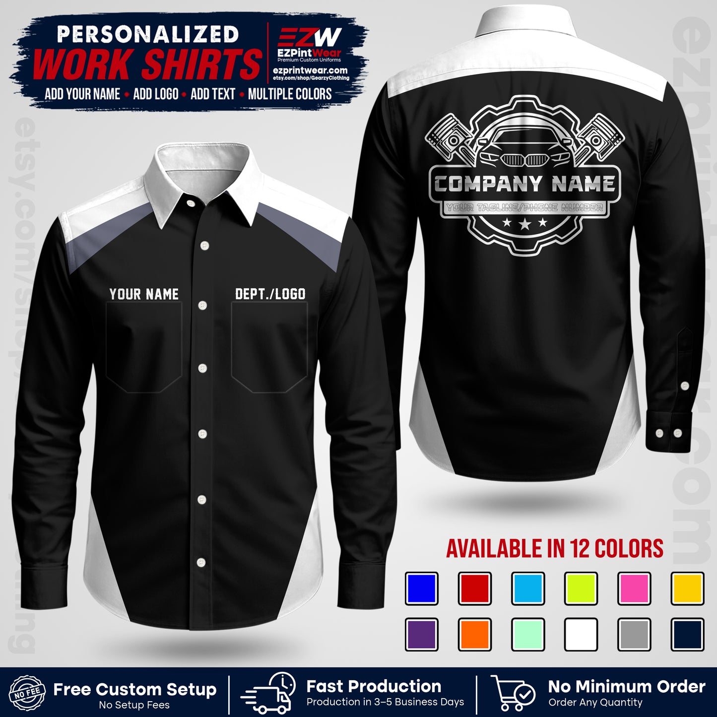 Custom Mechanic Work Shirt with Name, Logo & Text | Auto Shop Uniform | Workwear MCN 03