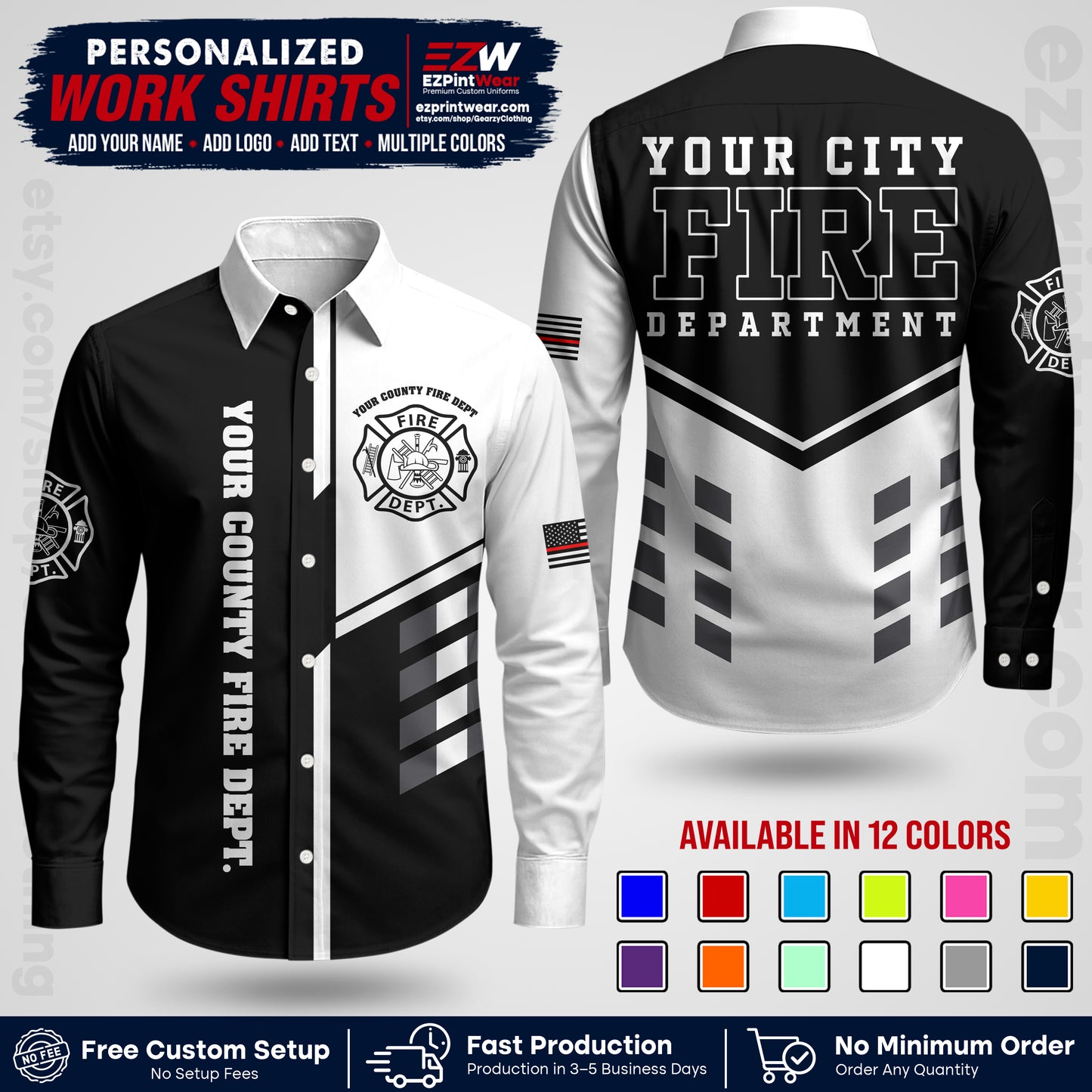 Custom Fire Department Shirt with Name, City Logo & Text | Firefighter Uniform | Button Up Work Shirt FF03