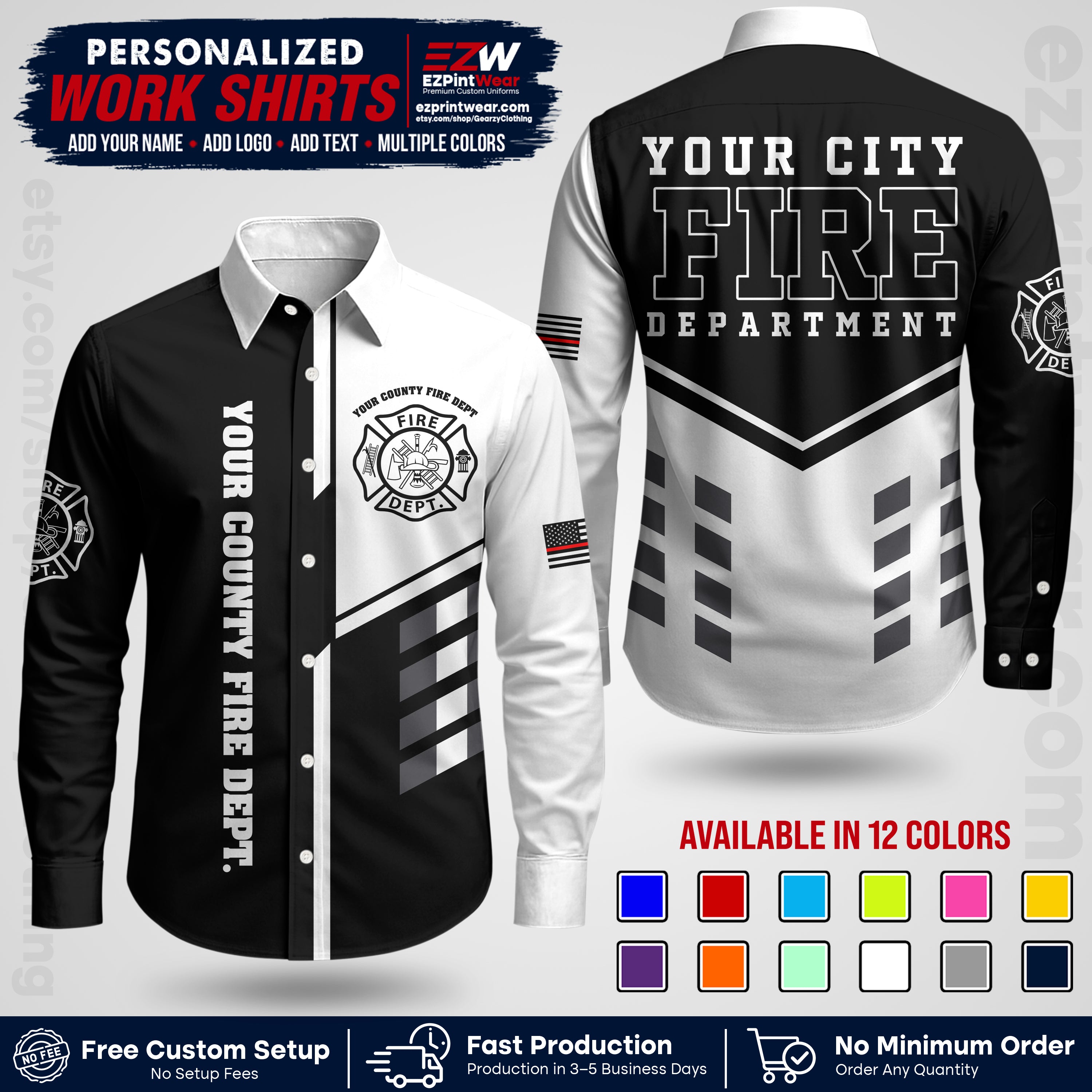 Custom Fire Department Shirt with Name, City Logo & Text | Firefighter Uniform | Button Up Work Shirt FF03