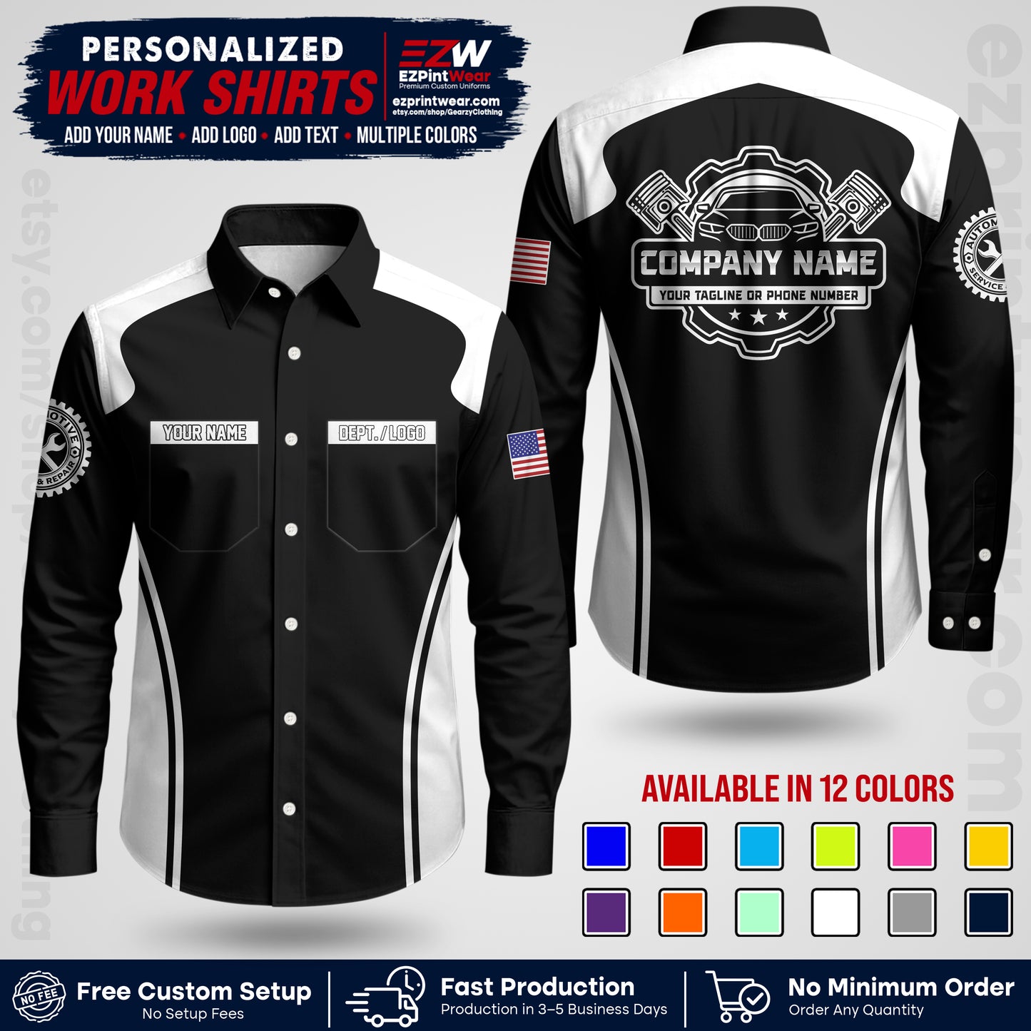 Custom Mechanic Work Shirt with Name, Logo & Text | Auto Shop Uniform | Workwear MCN 10