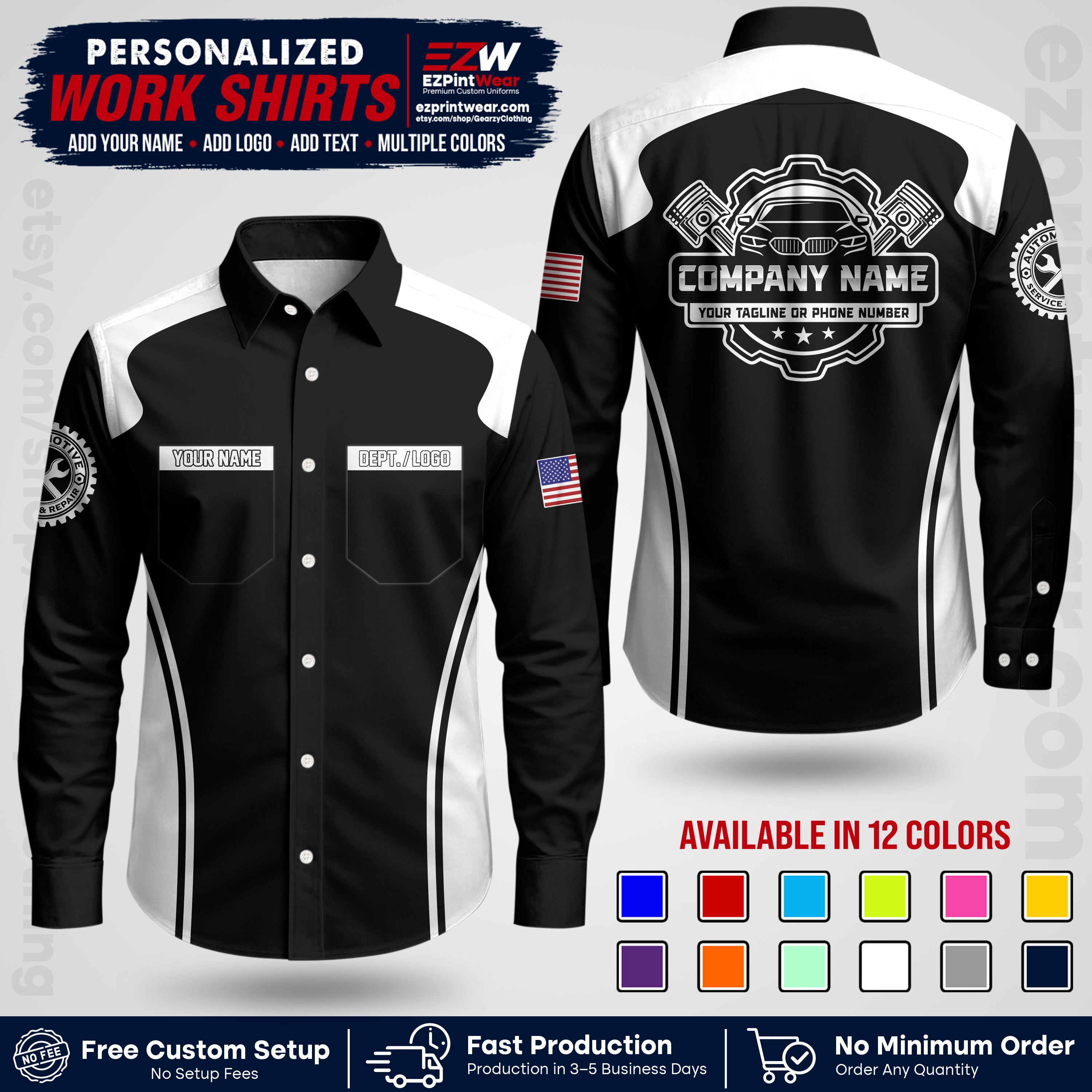 Custom Mechanic Work Shirt with Name, Logo & Text | Auto Shop Uniform | Workwear MCN 10