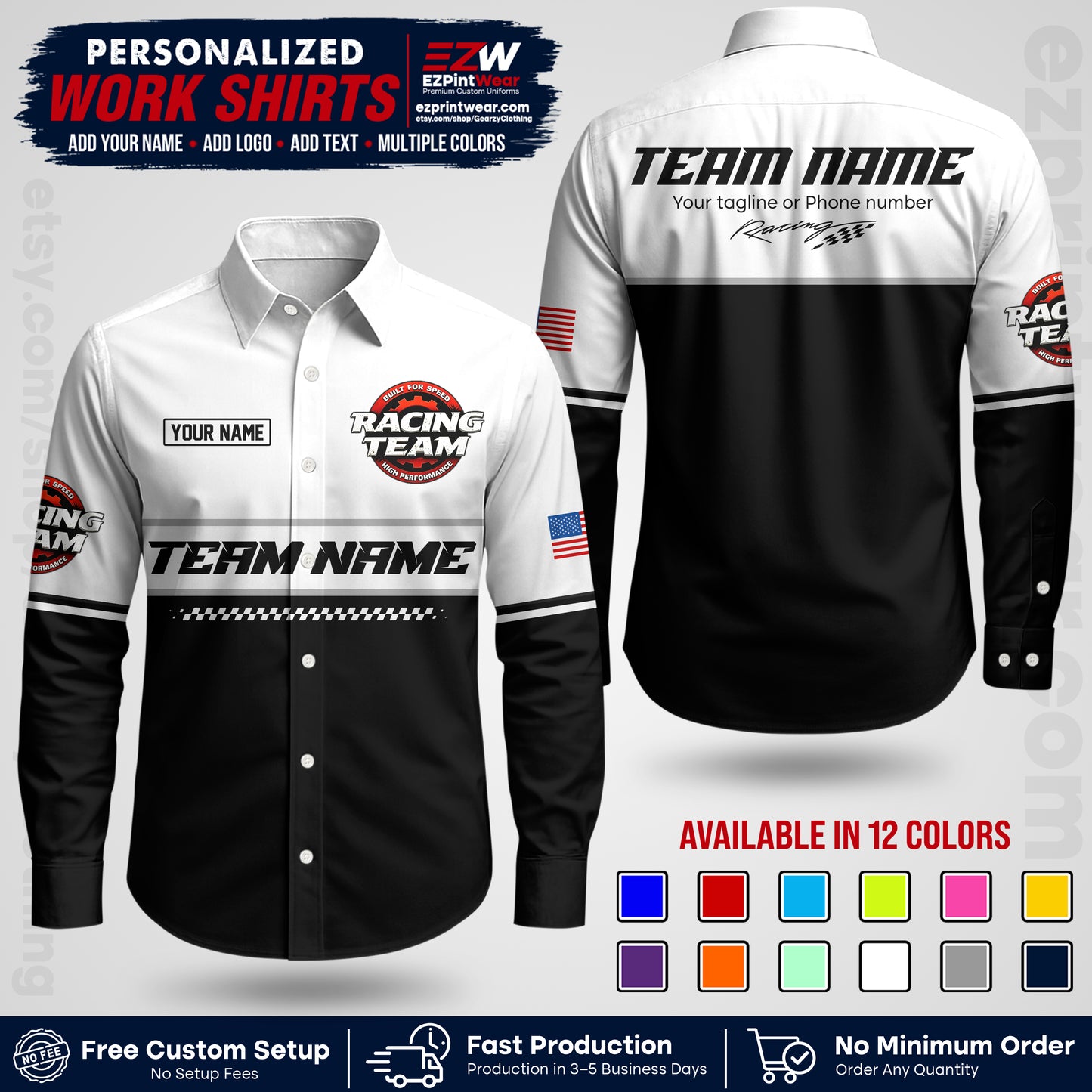 Custom Racing Shirt with Name, Logo & Text | Race Team Uniform | Crew Apparel RC12
