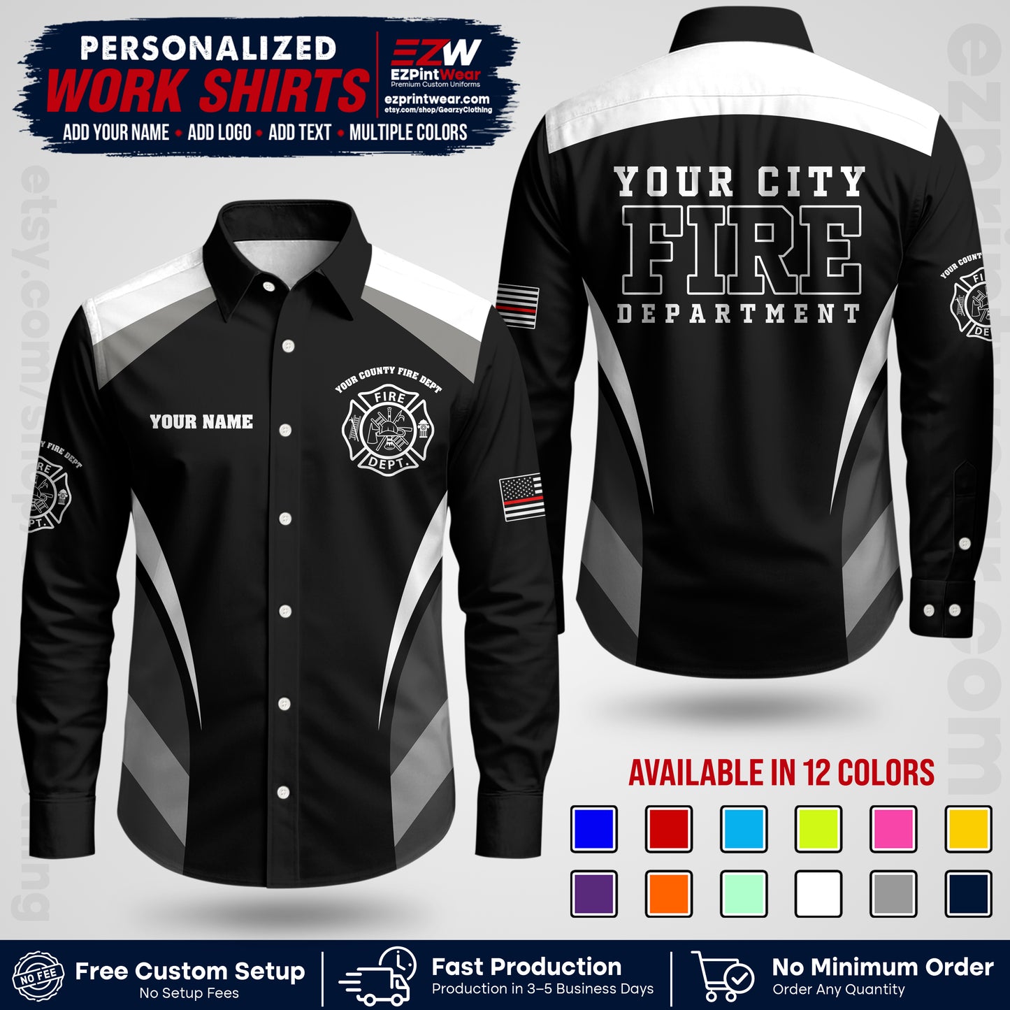 Custom Fire Department Shirt with Name, City Logo & Text | Firefighter Uniform | Button Up Work Shirt FF02