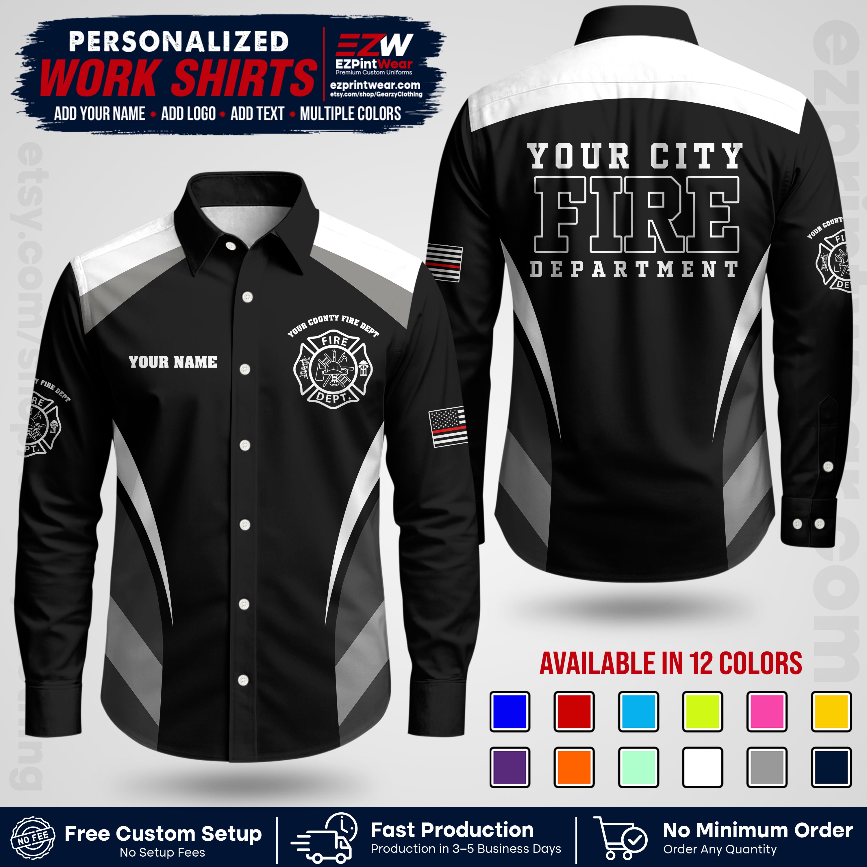 Custom Fire Department Shirt with Name, City Logo & Text | Firefighter Uniform | Button Up Work Shirt FF02