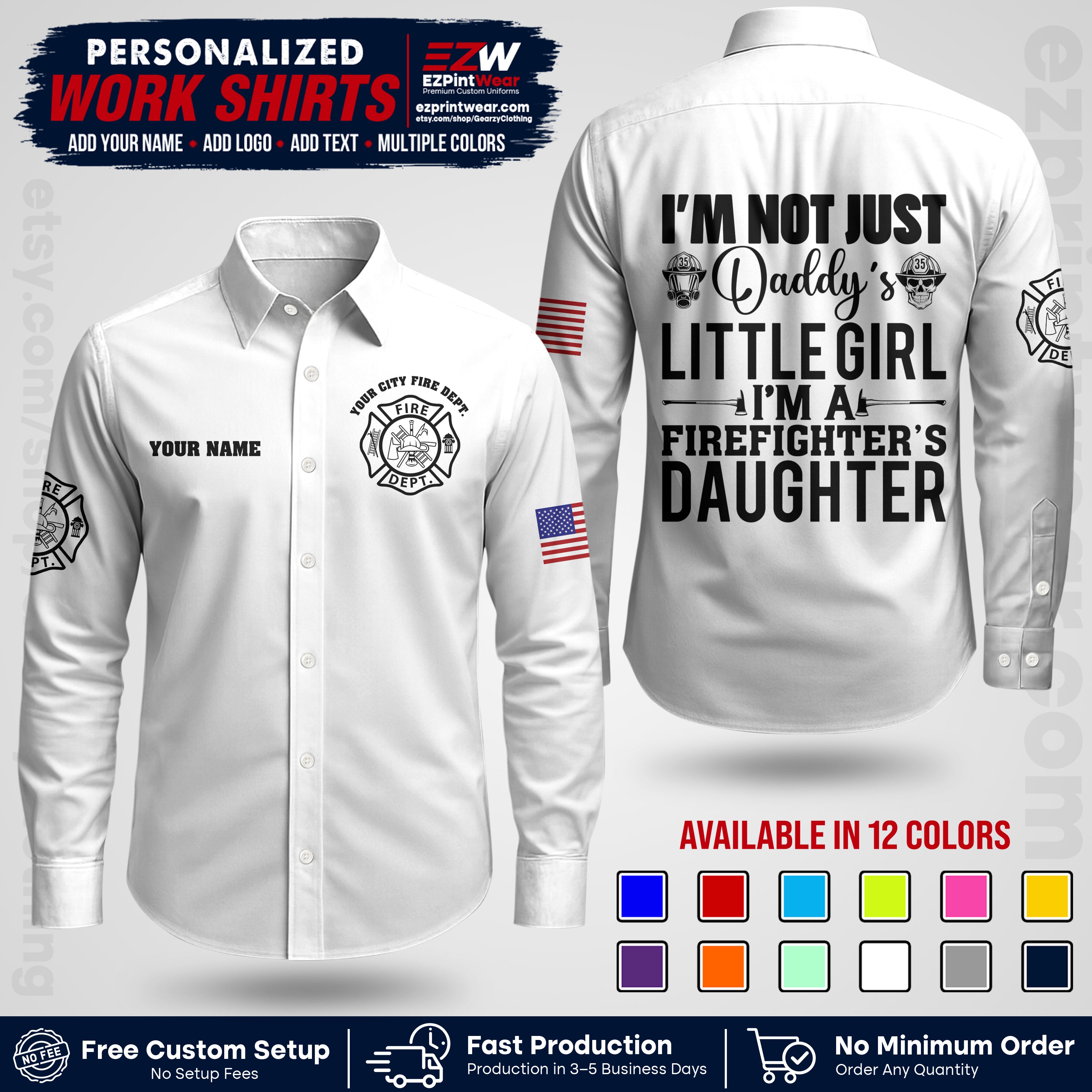 Custom Fire Department Shirt with Name, City Logo & Text | Firefighter Uniform | Button Up Work Shirt FF08