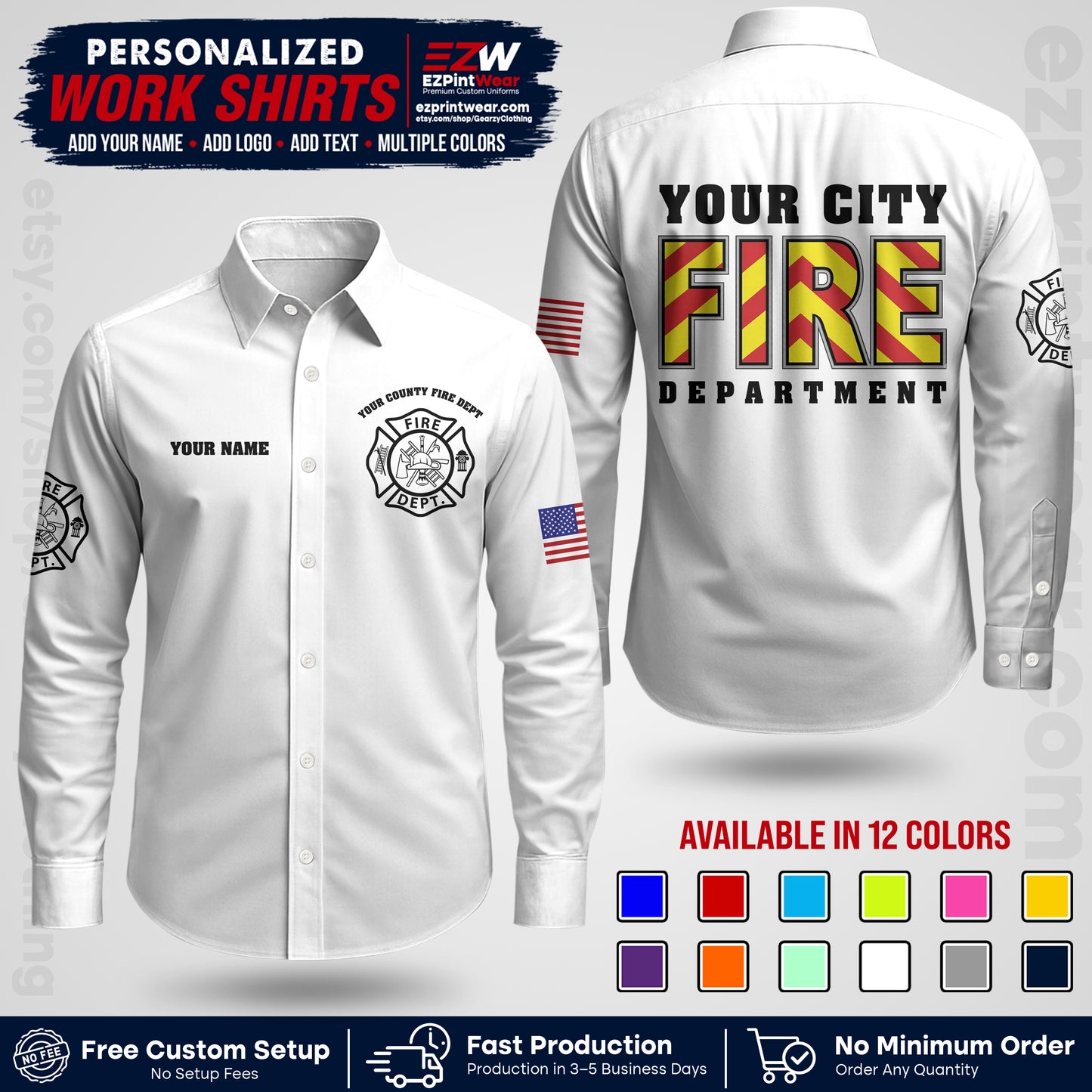 Custom Fire Department Shirt with Name, City Logo & Text | Firefighter Uniform | Button Up Work Shirt FF05