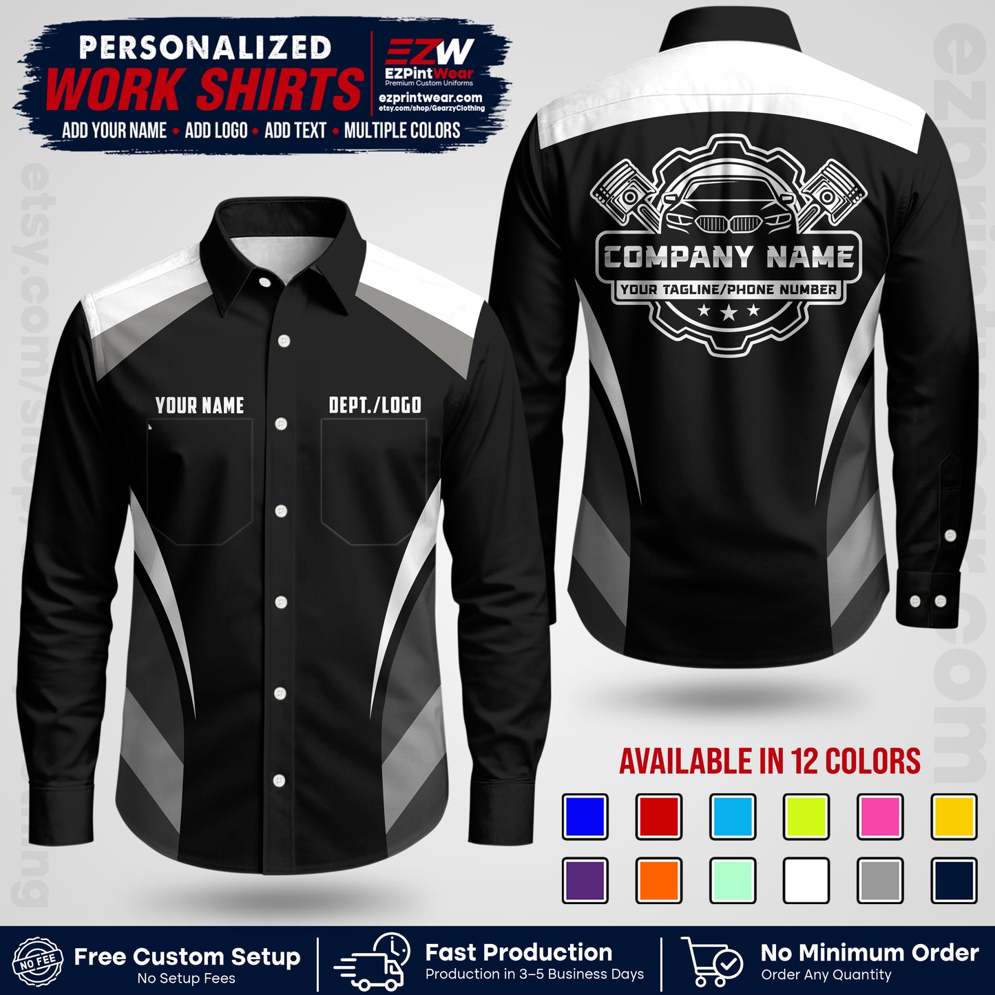 Custom Mechanic Work Shirt with Name, Logo & Text | Auto Shop Uniform | Workwear MCN 05