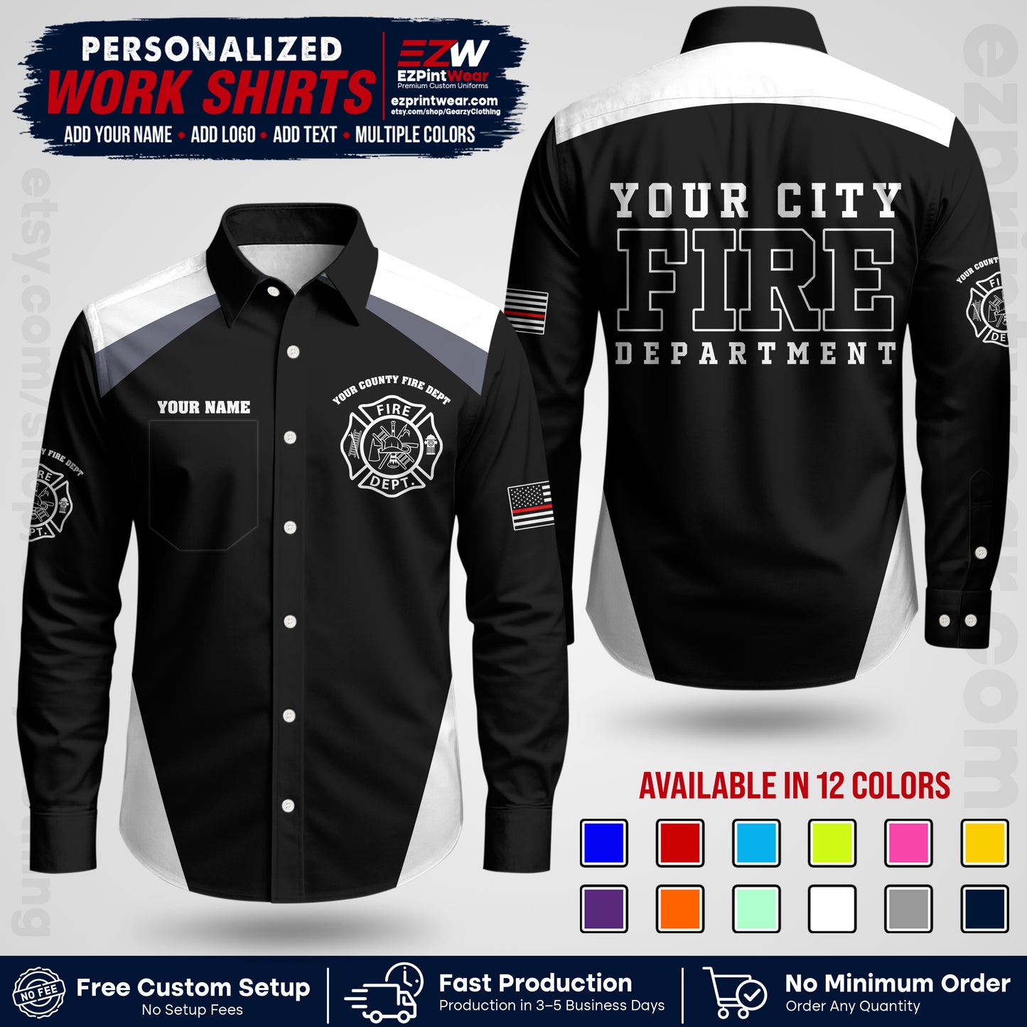 Custom Fire Department Shirt with Name, City Logo & Text | Firefighter Uniform | Button Up Work Shirt FF04